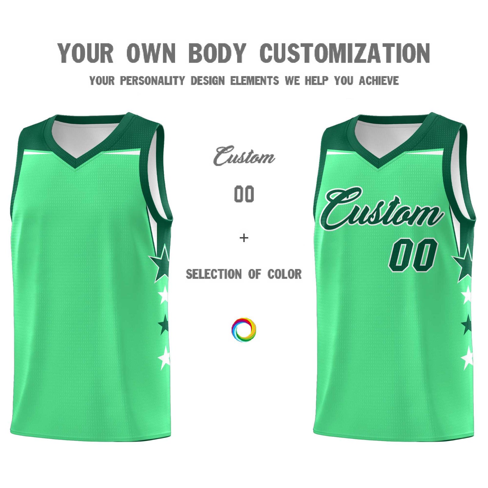 Custom Youth Basketball Uniform Green Kelly Green Two Tone Side Star Color Block Team Jersey