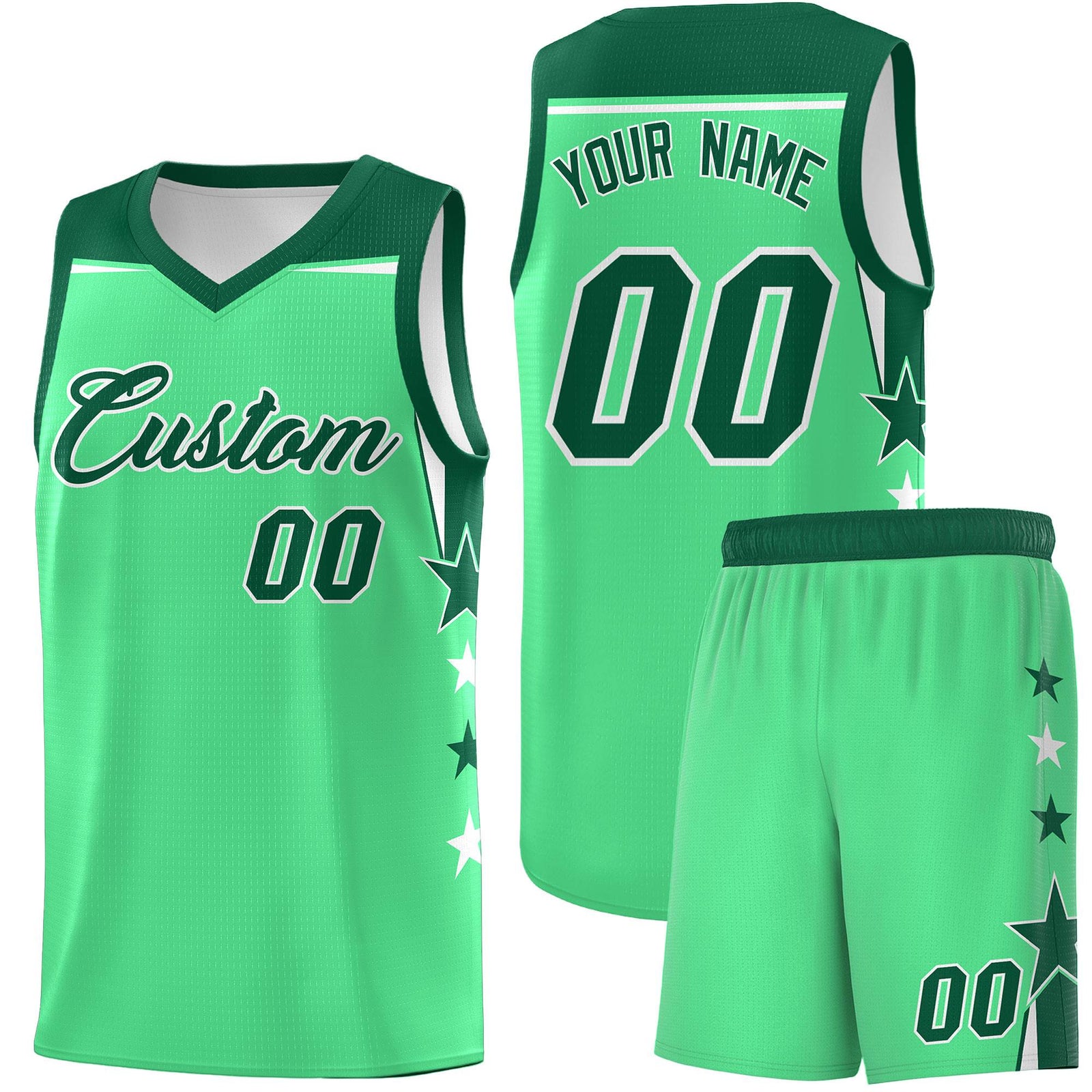 Custom Youth Basketball Uniform Green Kelly Green Two Tone Side Star Color Block Team Jersey