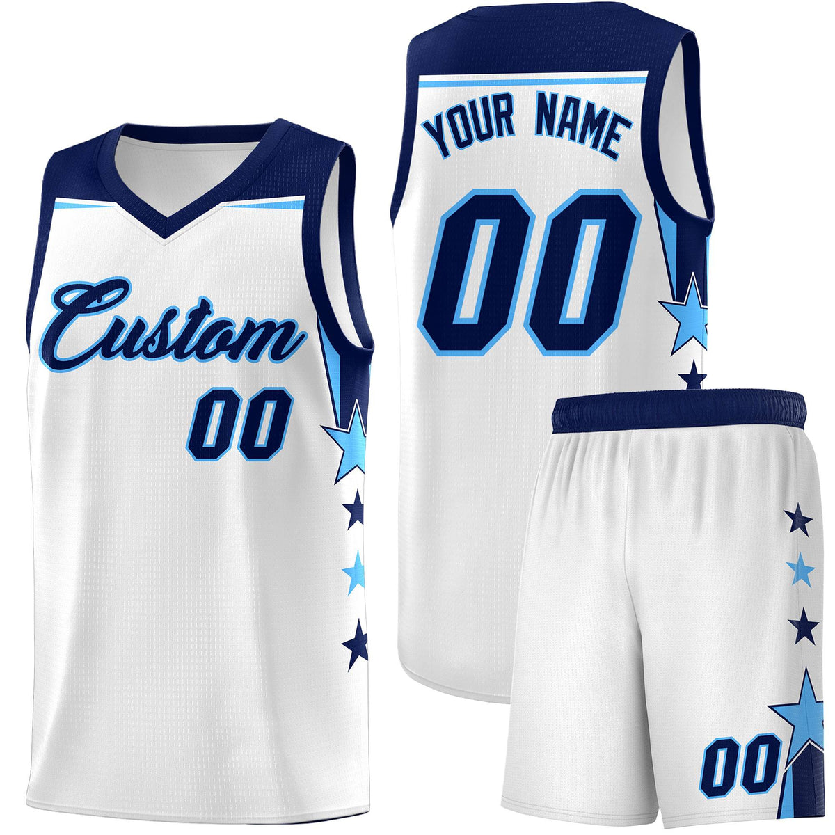 Custom Youth Basketball Uniform White Navy Two Tone Side Star Add Name Number & Logo