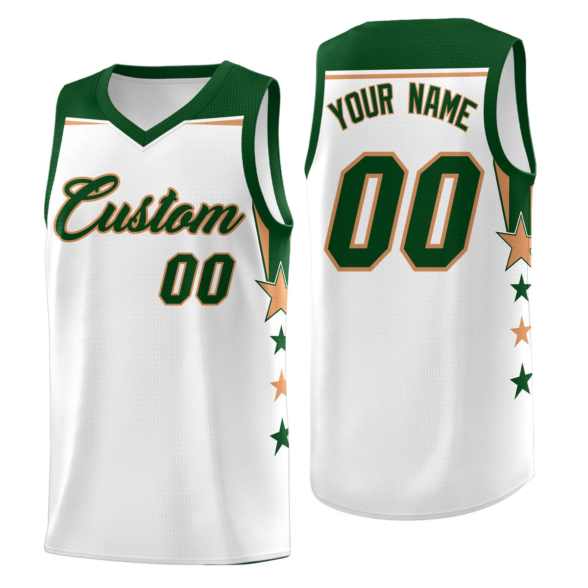 Custom Youth Basketball Uniform White Green Two Tone Side Star Add Name Number & Logo