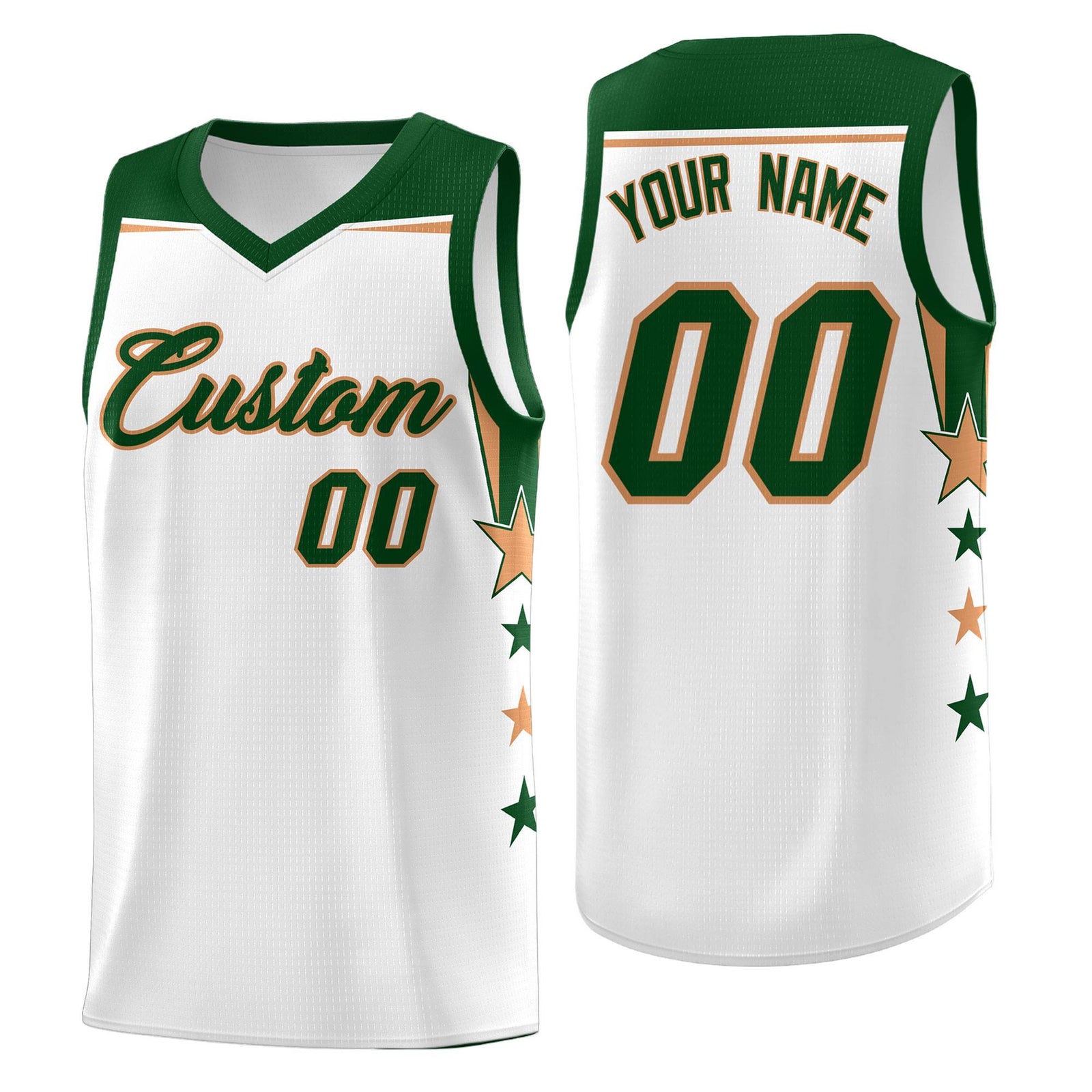 Custom Youth Basketball Uniform White Green Two Tone Side Star Add Name Number & Logo
