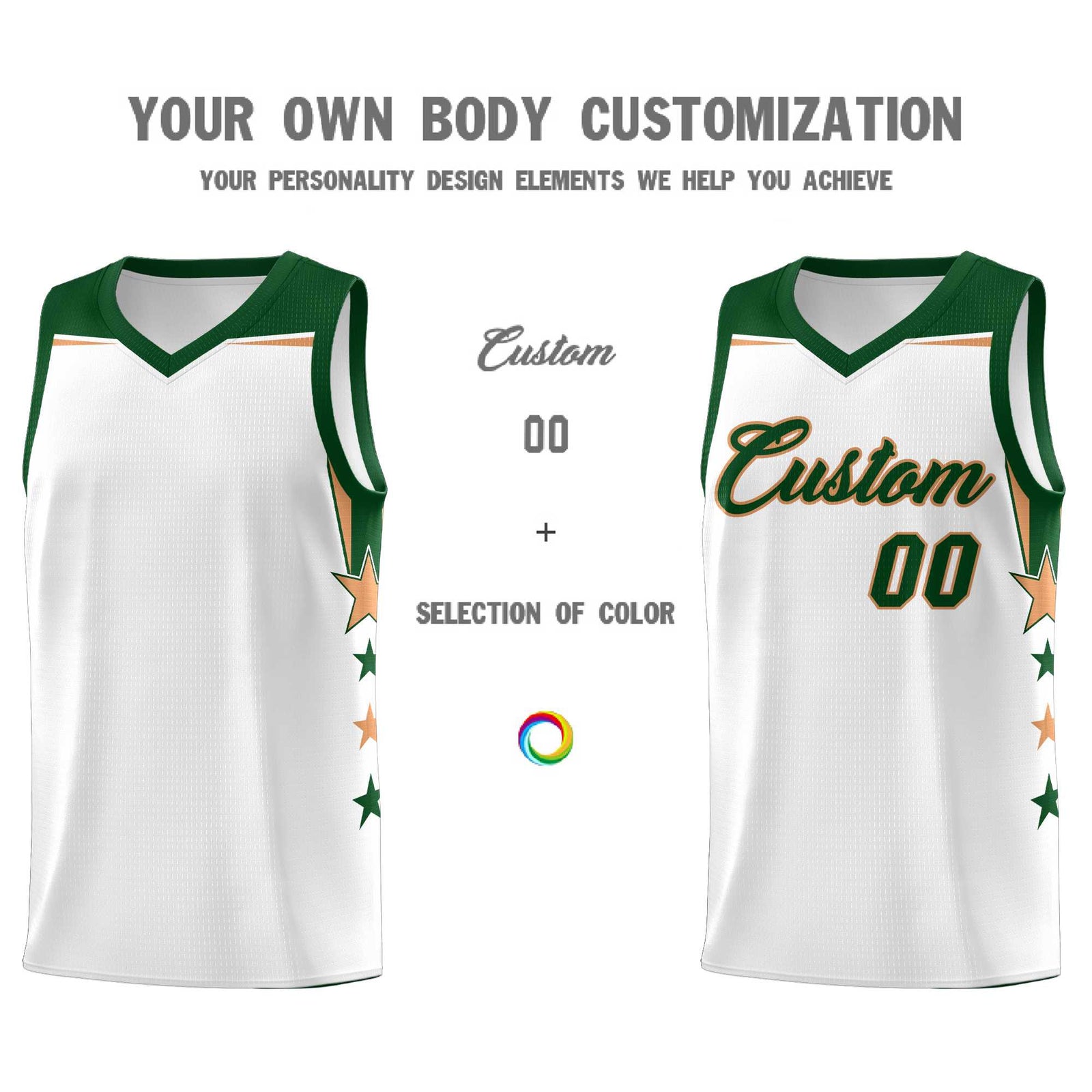 Custom Youth Basketball Uniform White Green Two Tone Side Star Add Name Number & Logo