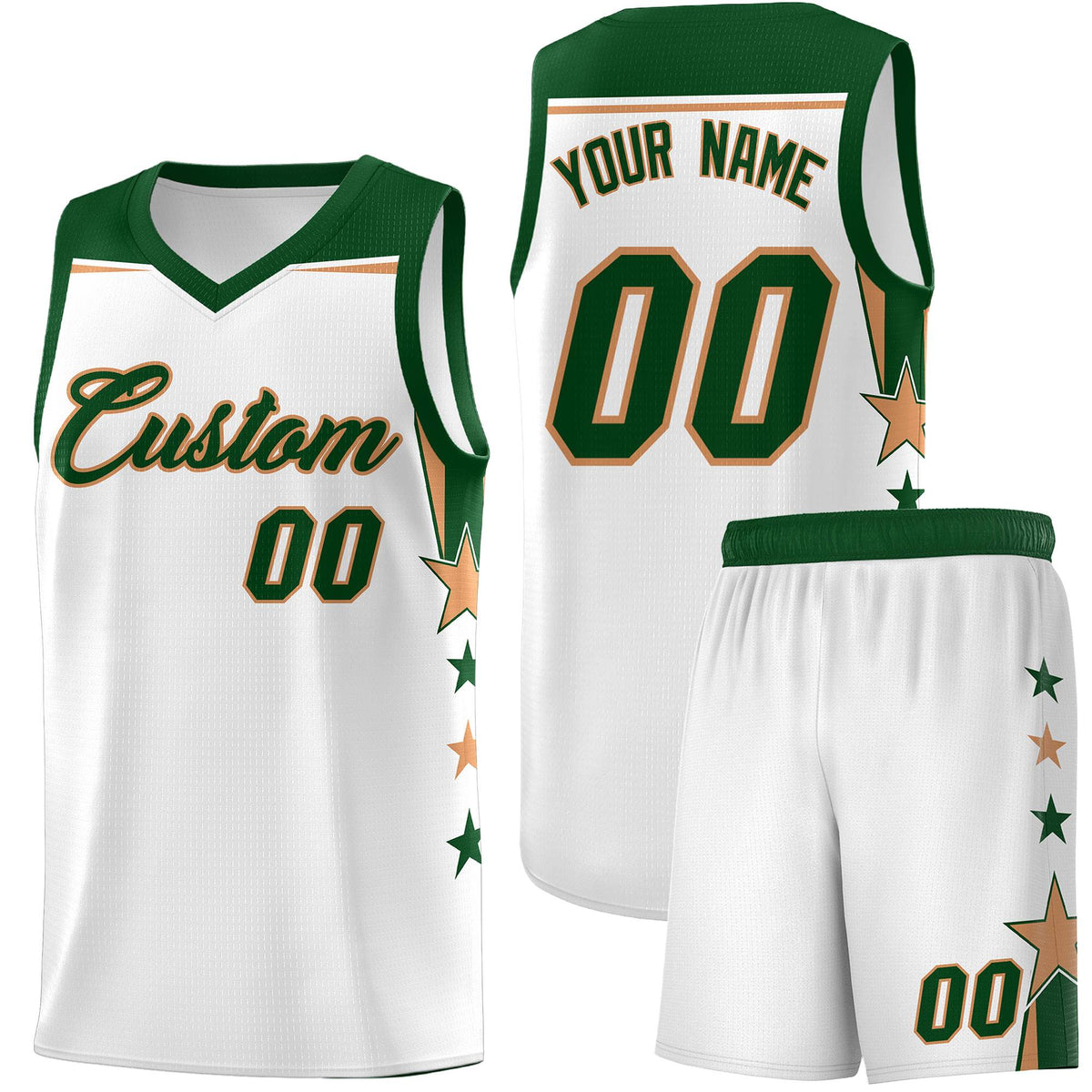 Custom Youth Basketball Uniform White Green Two Tone Side Star Add Name Number & Logo