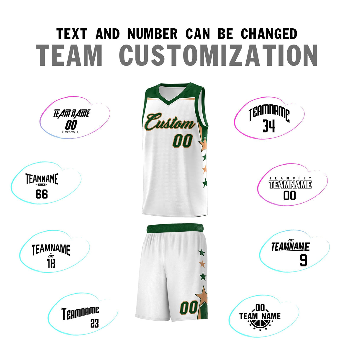 Custom Youth Basketball Uniform White Green Two Tone Side Star Add Name Number & Logo