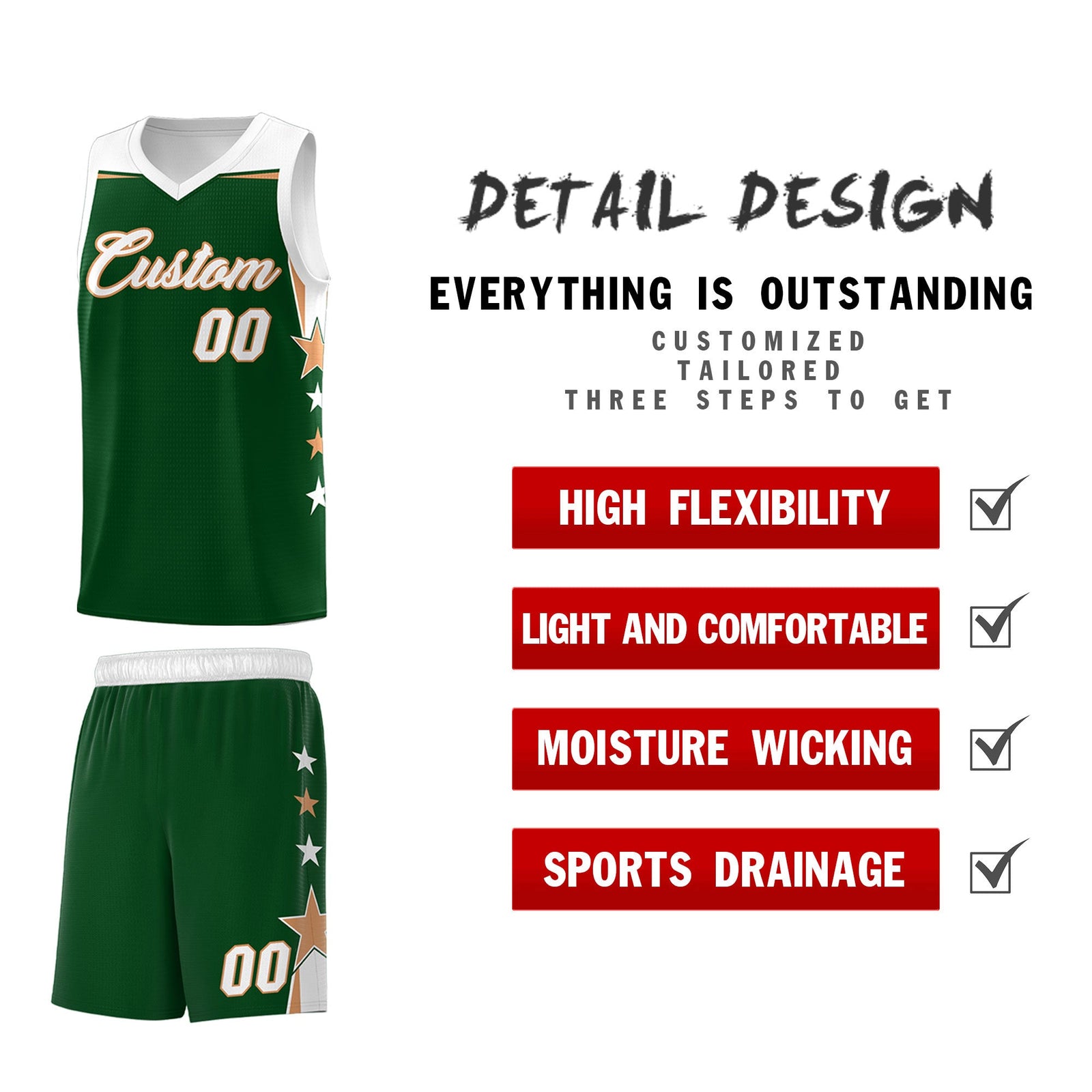 Custom Youth Basketball Uniform Green White Two Tone Side Star Personalized Team Jersey