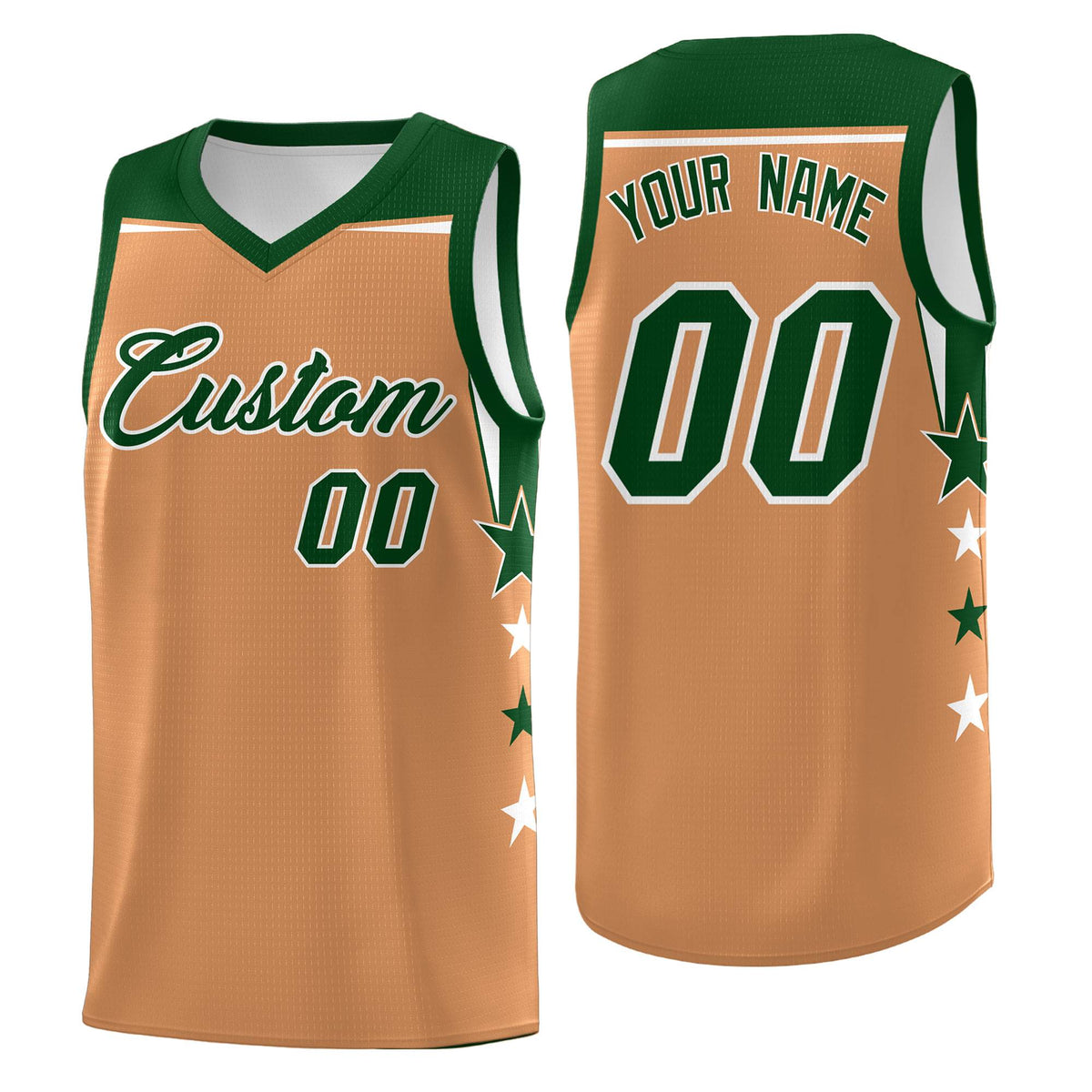 Custom Youth Basketball Uniform Buckskin Brown Green Two Tone Side Star Color Block Team Jersey