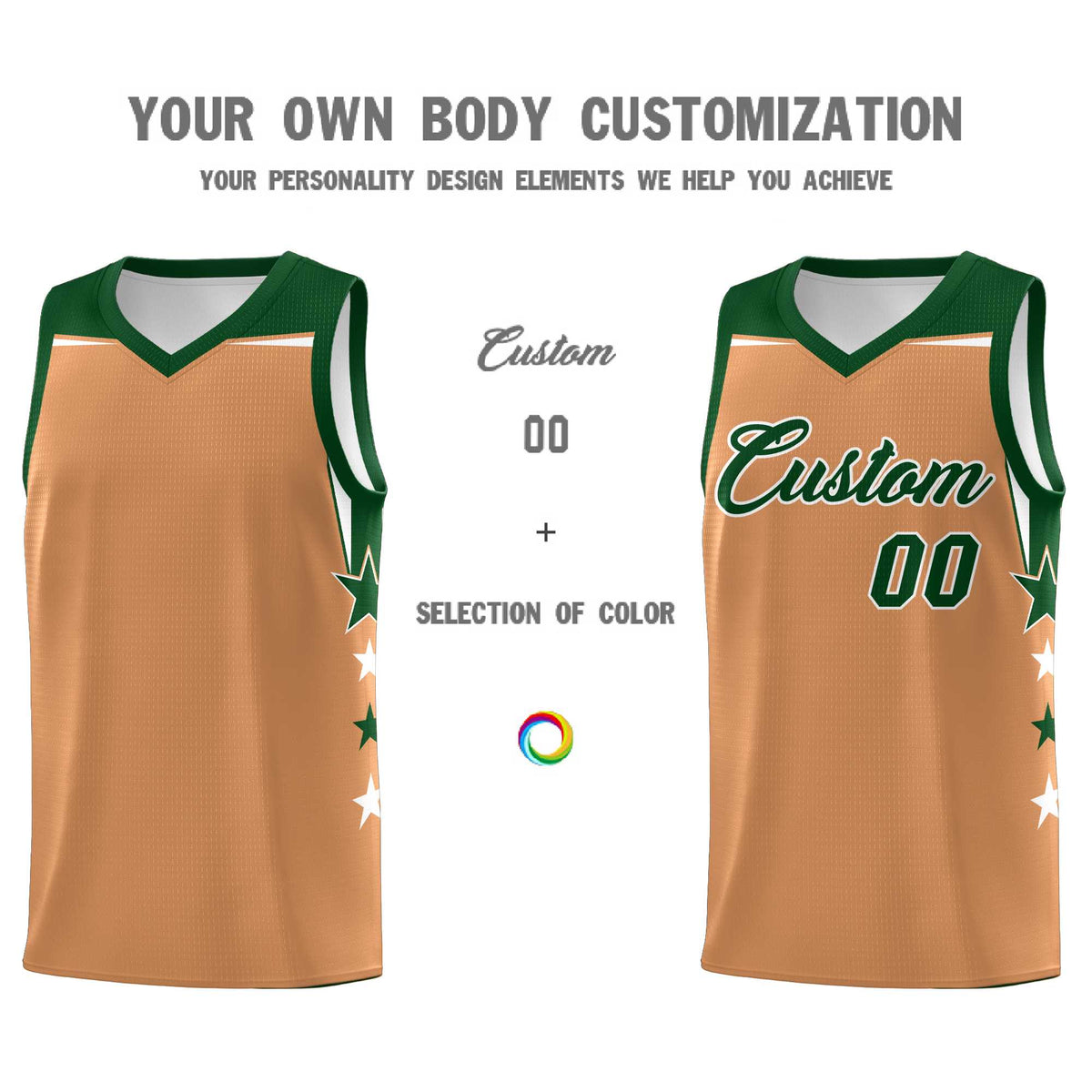 Custom Youth Basketball Uniform Buckskin Brown Green Two Tone Side Star Color Block Team Jersey