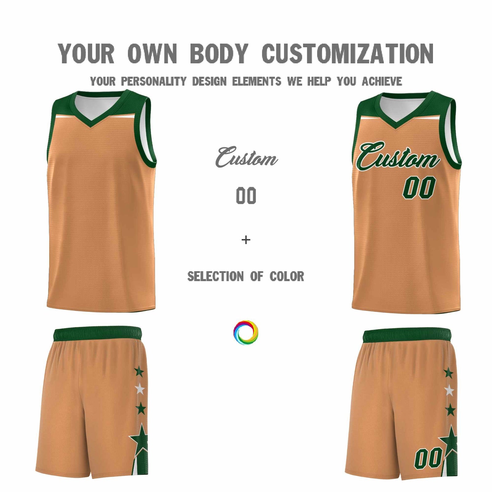 Custom Youth Basketball Uniform Buckskin Brown Green Two Tone Side Star Color Block Team Jersey