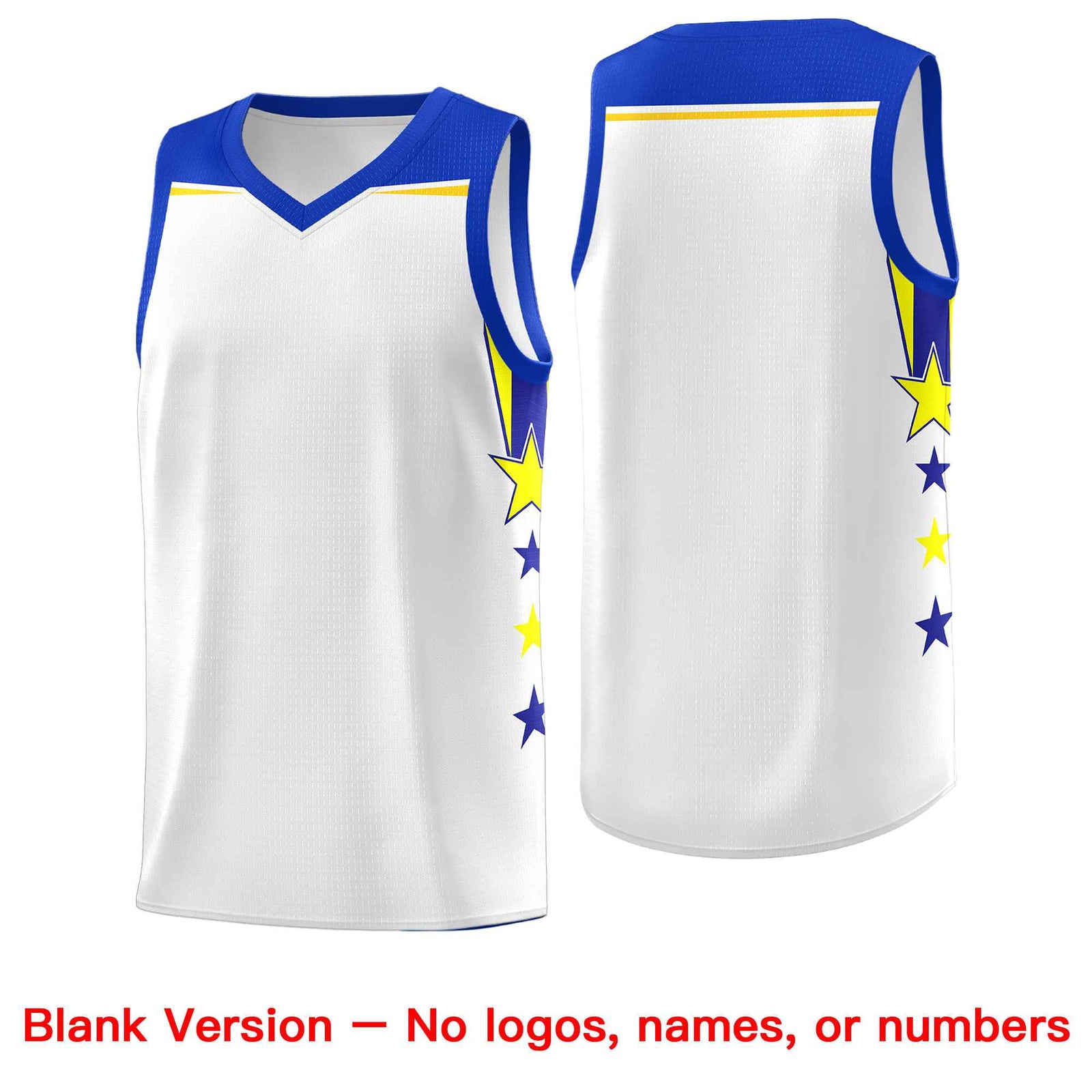 Custom Youth Basketball Uniform White Royal Two Tone Side Star Add Name Number & Logo