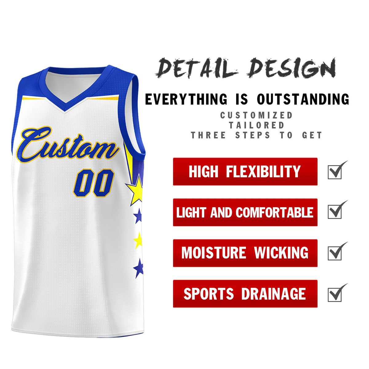 Custom Youth Basketball Uniform White Royal Two Tone Side Star Add Name Number & Logo