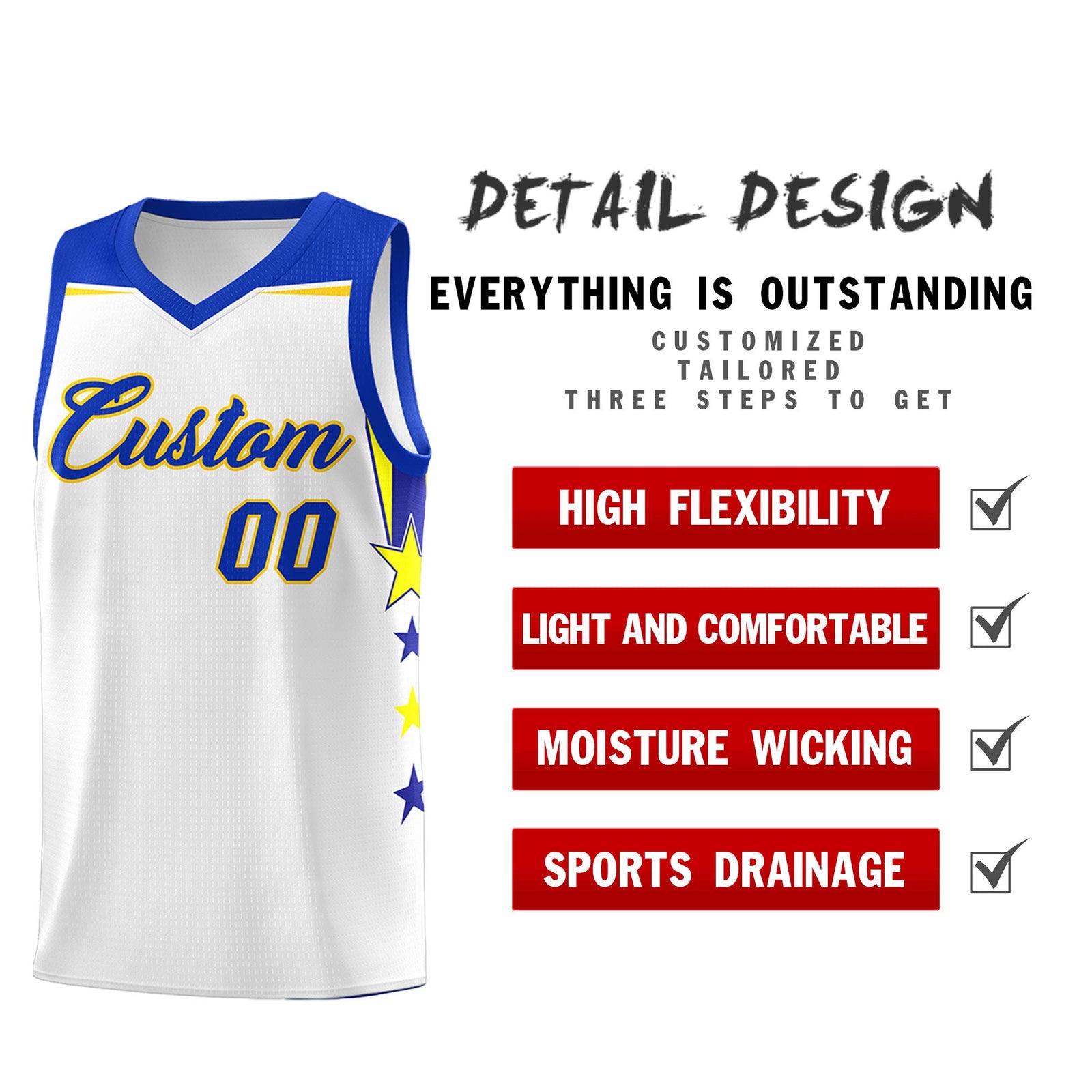 Custom Youth Basketball Uniform White Royal Two Tone Side Star Add Name Number & Logo