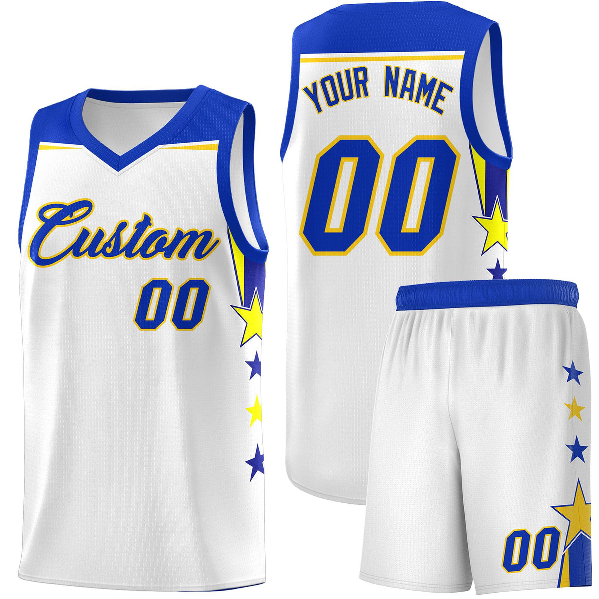 Custom Youth Basketball Uniform White Royal Two Tone Side Star Add Name Number & Logo