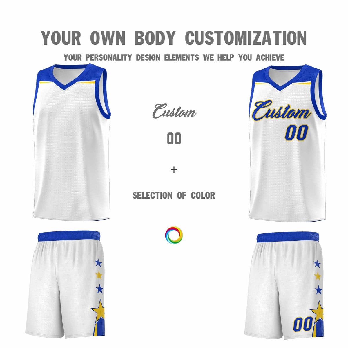 Custom Youth Basketball Uniform White Royal Two Tone Side Star Add Name Number & Logo