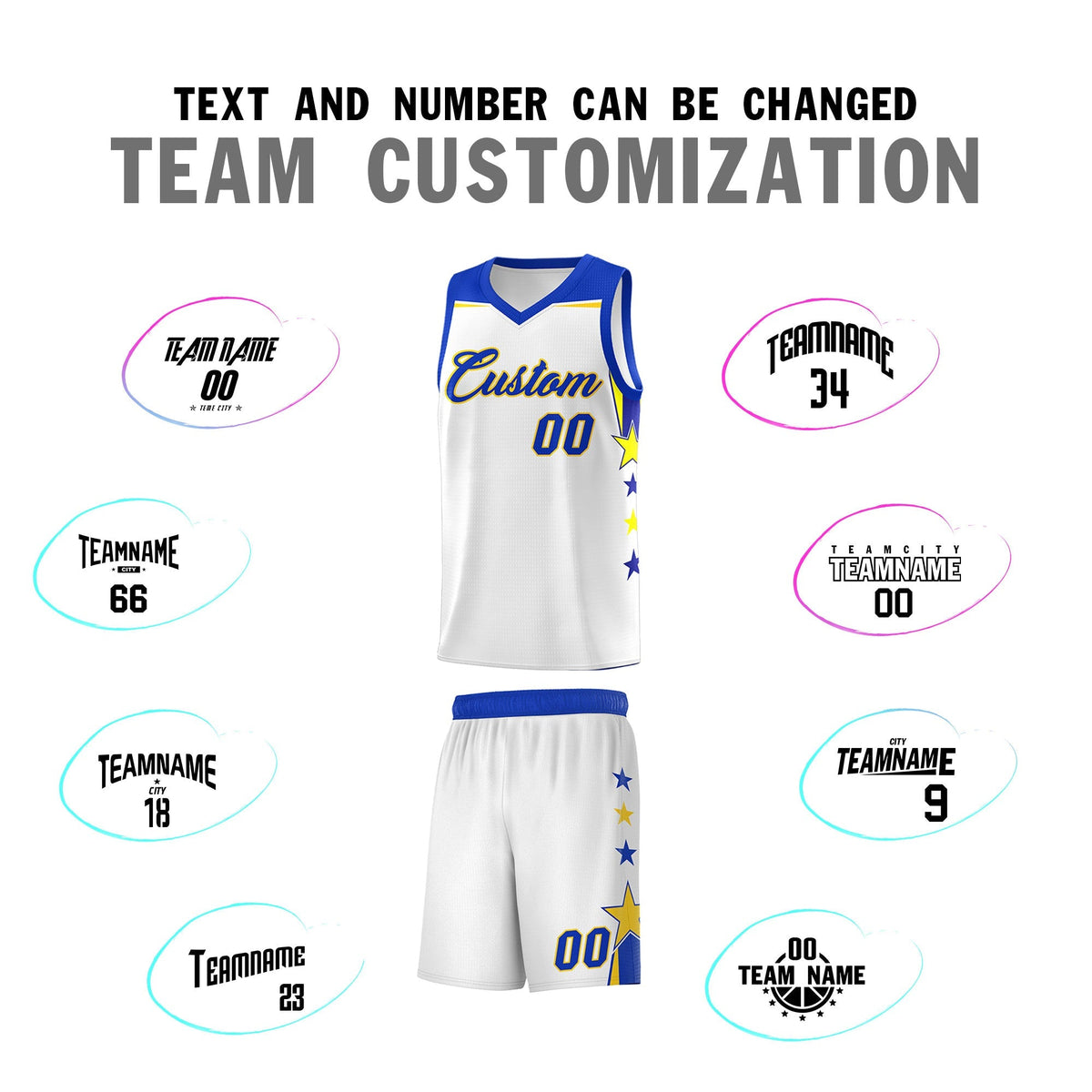 Custom Youth Basketball Uniform White Royal Two Tone Side Star Add Name Number & Logo