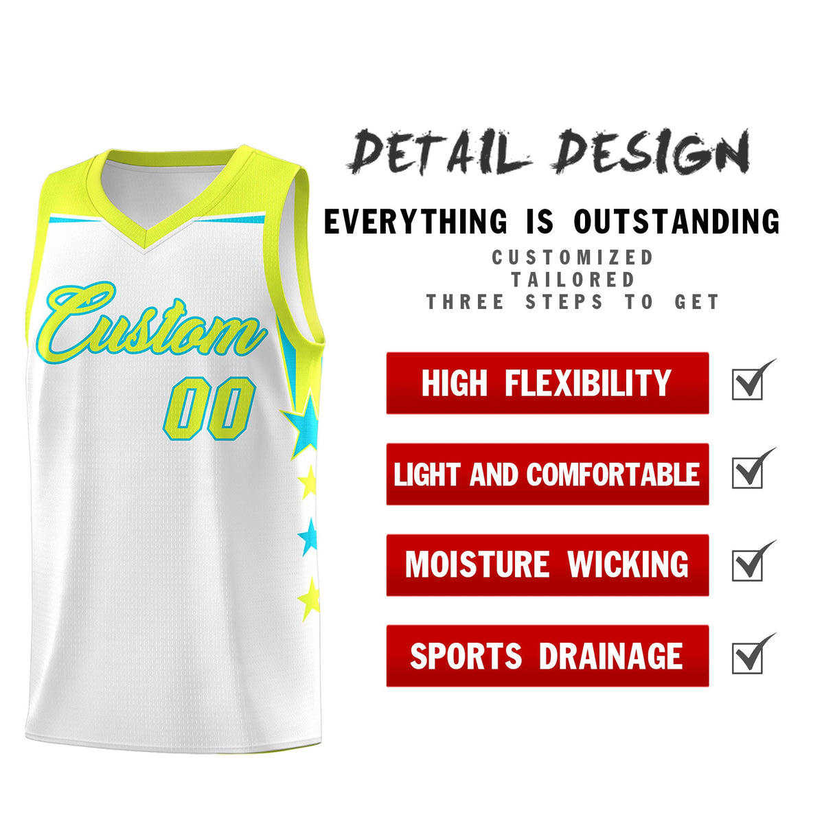 Custom Youth Basketball Uniform White Fluorescent Green Two Tone Side Star Add Name Number & Logo