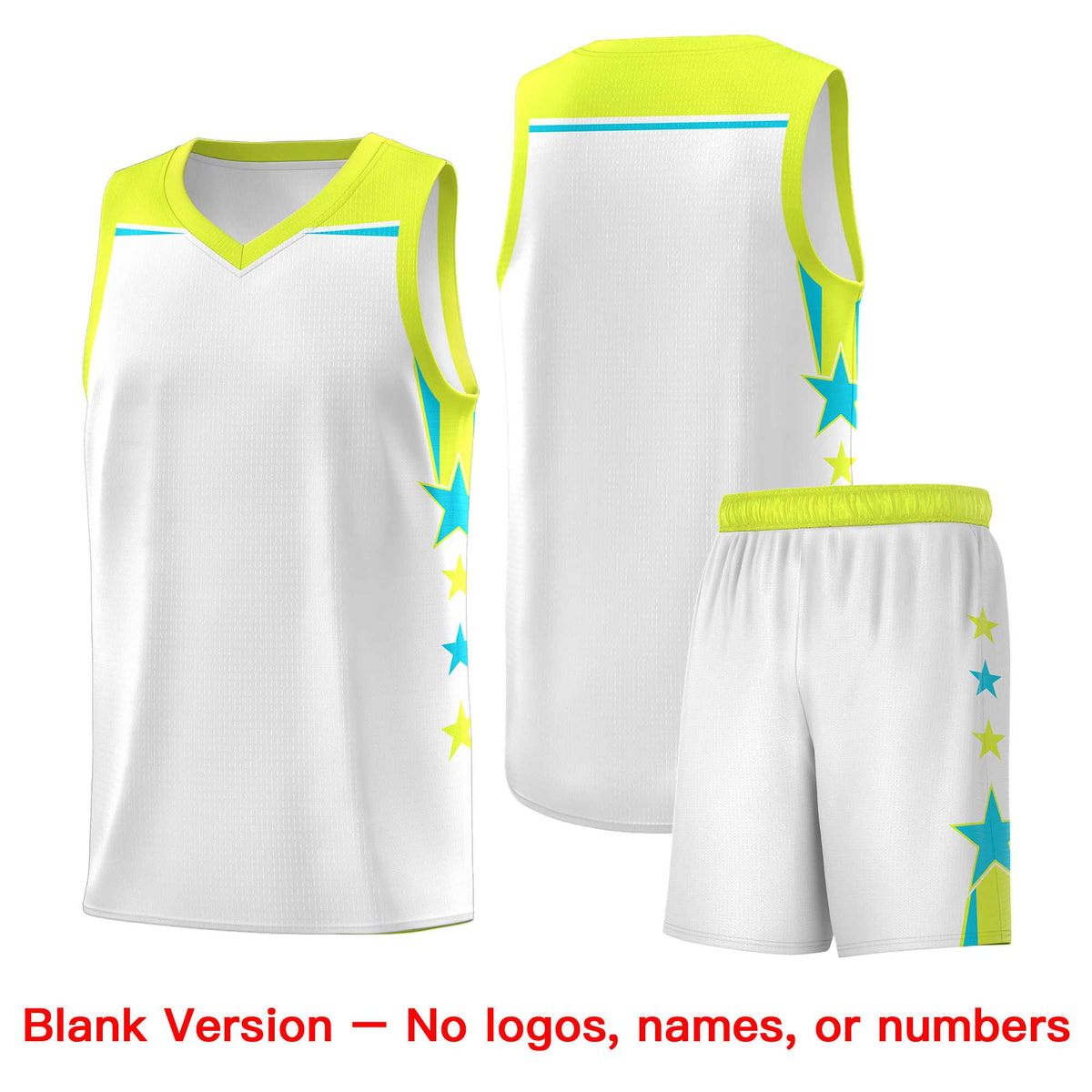 Custom Youth Basketball Uniform White Fluorescent Green Two Tone Side Star Add Name Number & Logo