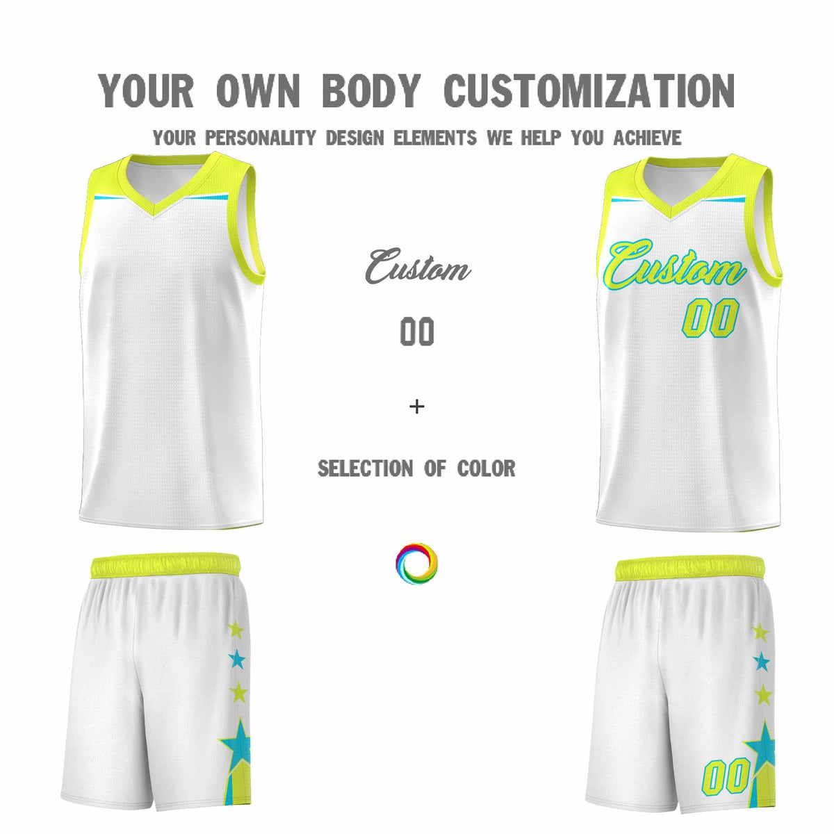 Custom Youth Basketball Uniform White Fluorescent Green Two Tone Side Star Add Name Number & Logo