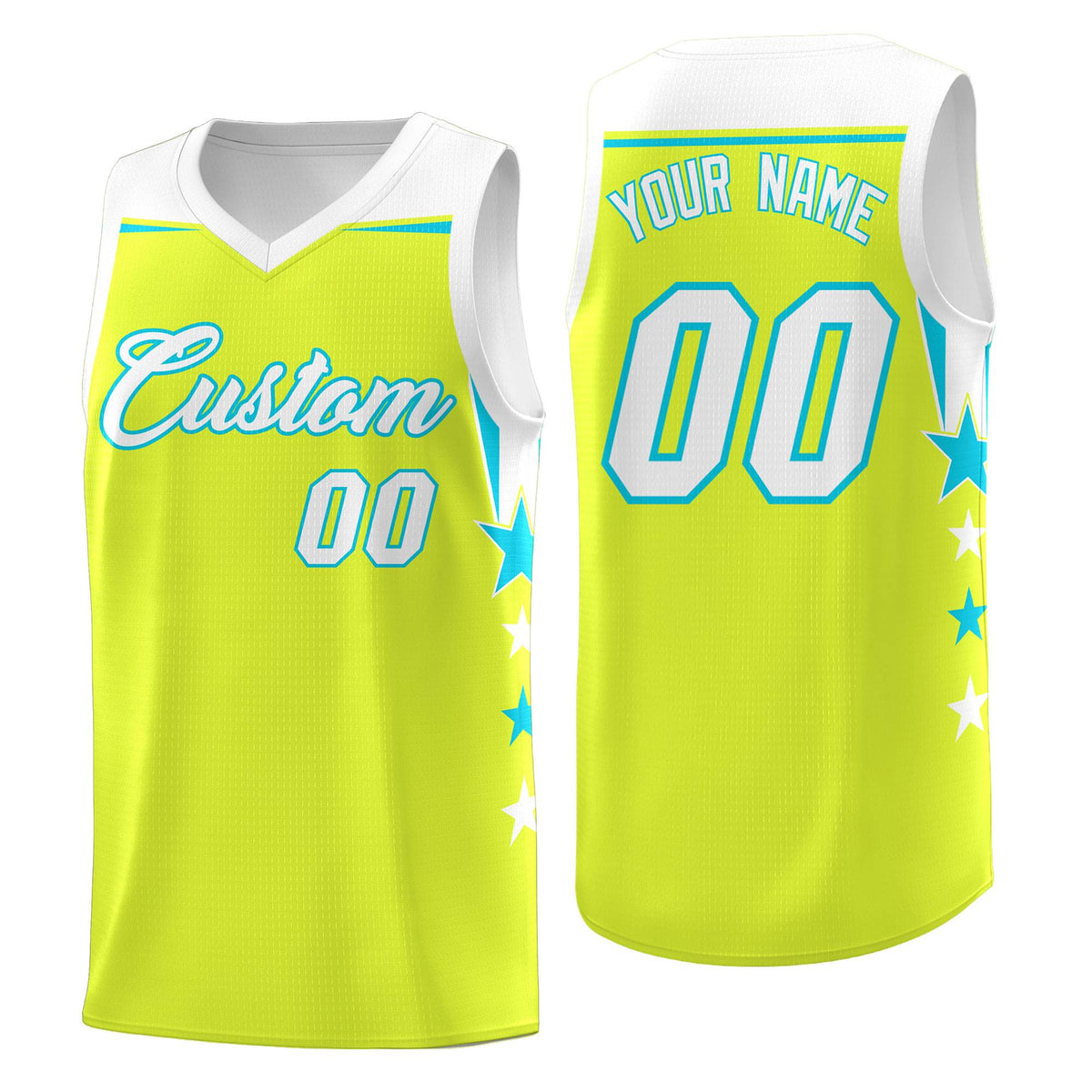 Custom Youth Basketball Uniform Fluorescent Green White Two Tone Side Star Personalized Team Jersey
