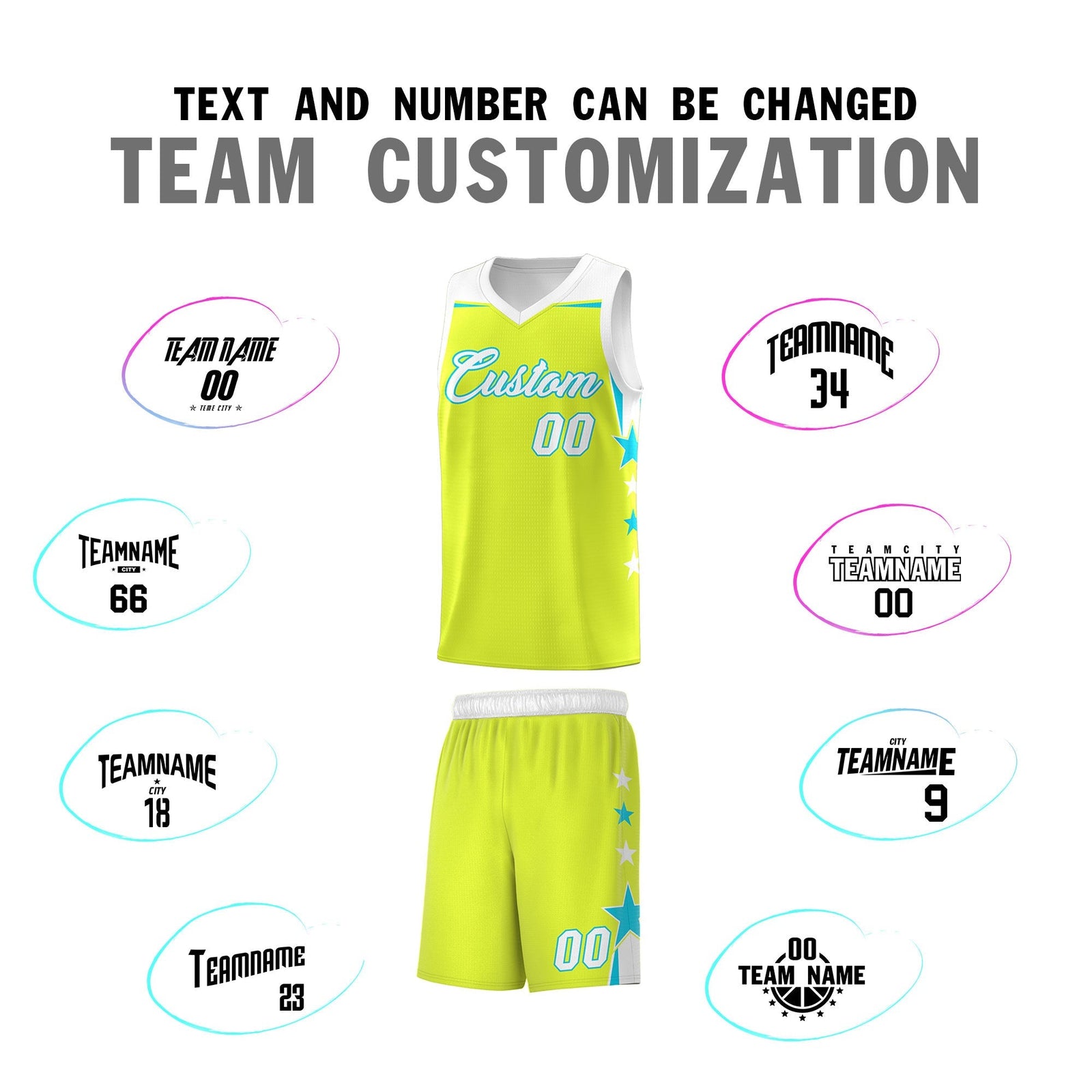 Custom Youth Basketball Uniform Fluorescent Green White Two Tone Side Star Personalized Team Jersey
