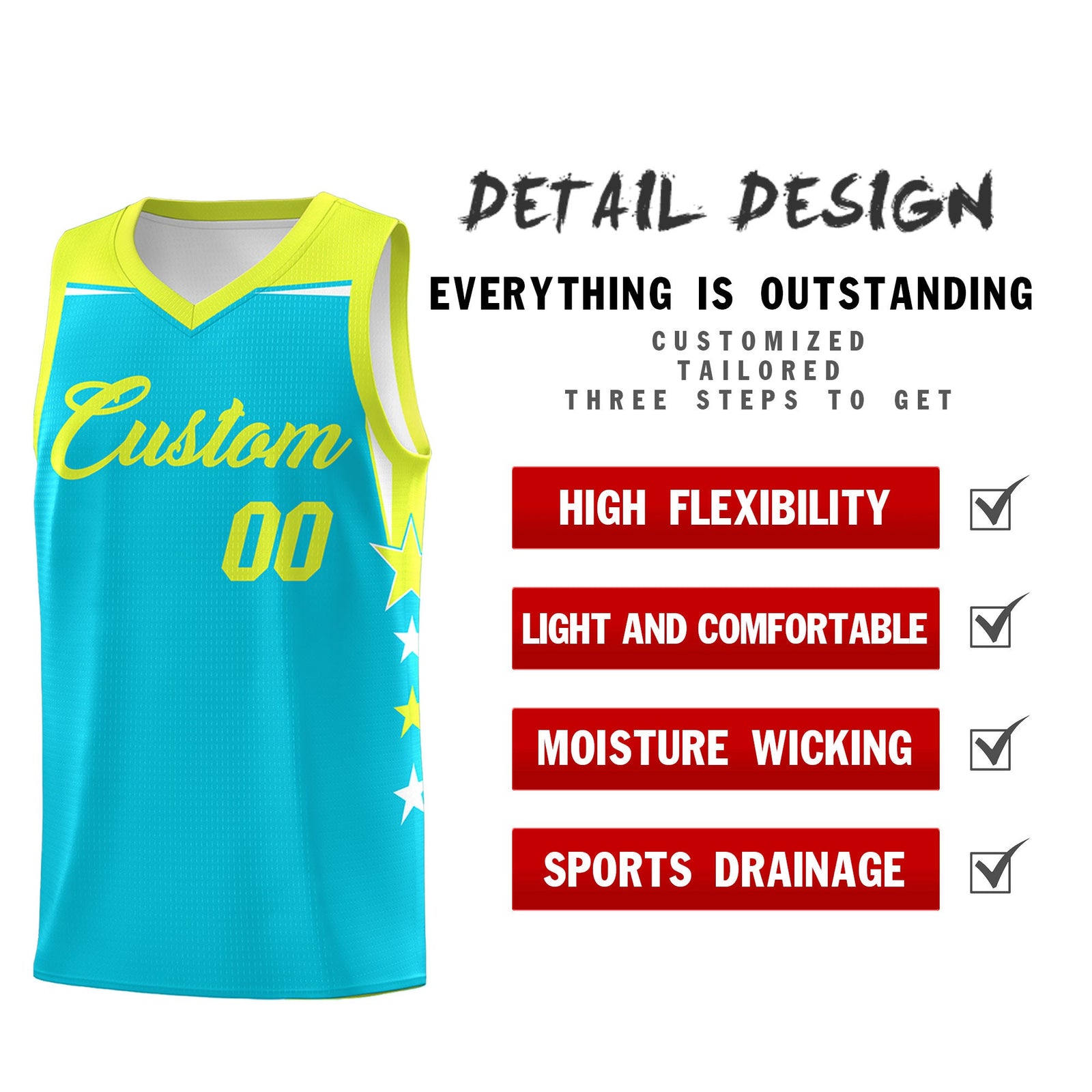 Custom Youth Basketball Uniform Sky Blue Fluorescent Green Two Tone Side Star Color Block Team Jersey