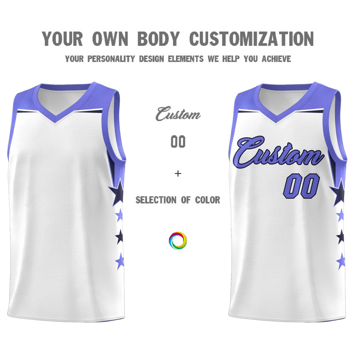 Custom Youth Basketball Uniform White Purple Two Tone Side Star Add Name Number & Logo