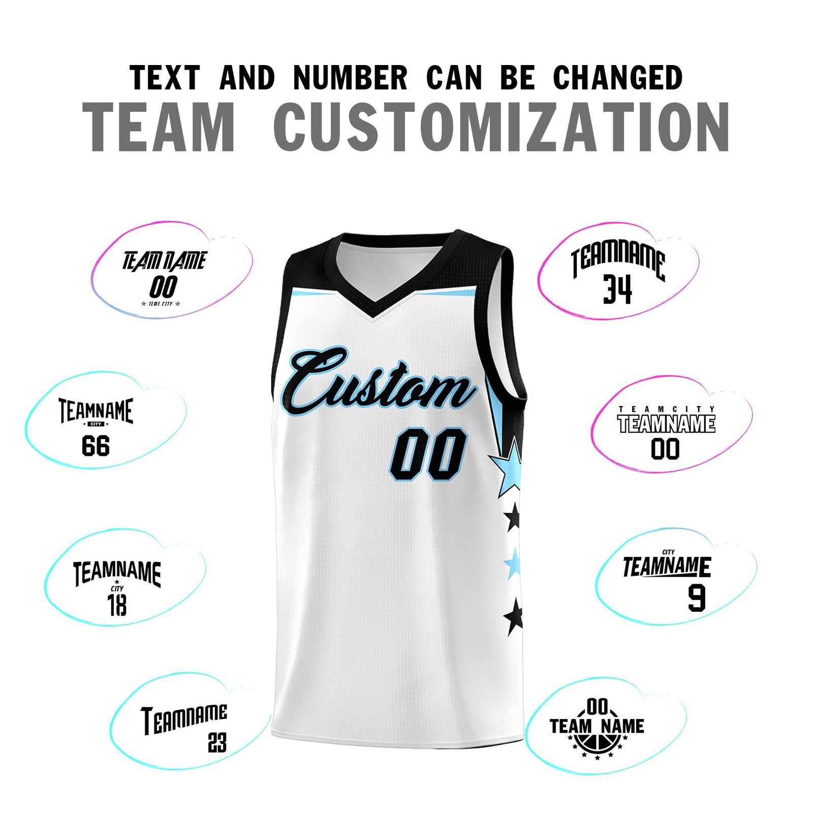 Custom Youth Basketball Uniform White Light Blue Two Tone Side Star Add Name Number & Logo