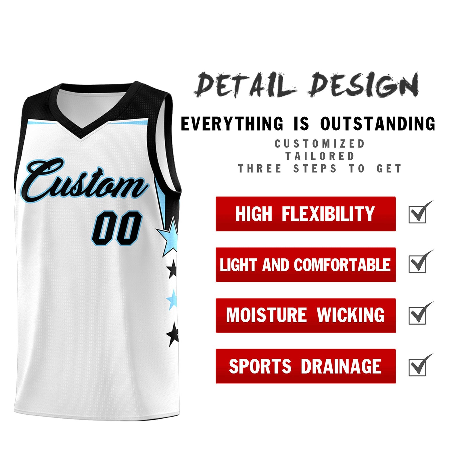 Custom Youth Basketball Uniform White Light Blue Two Tone Side Star Add Name Number & Logo