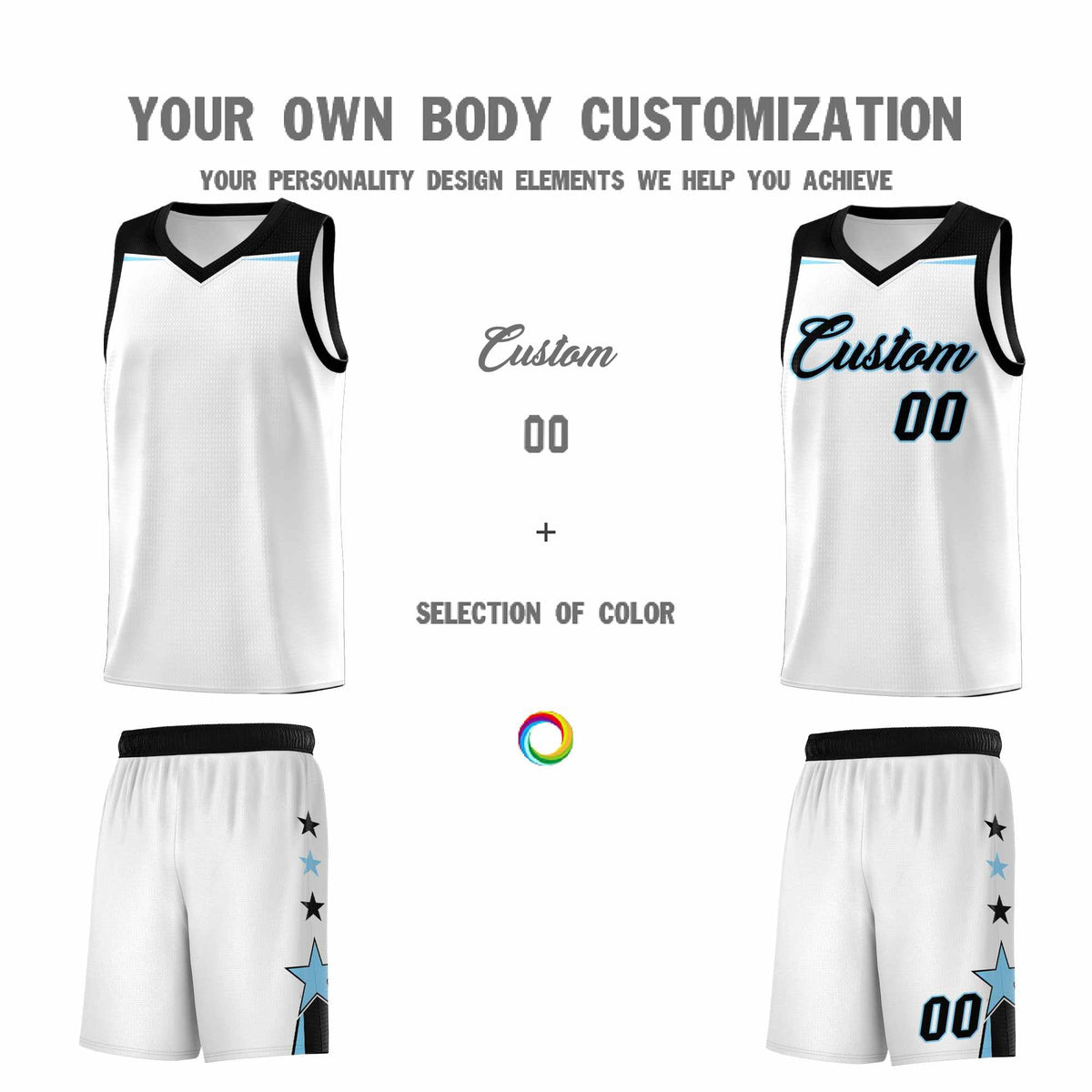 Custom Youth Basketball Uniform White Light Blue Two Tone Side Star Add Name Number & Logo
