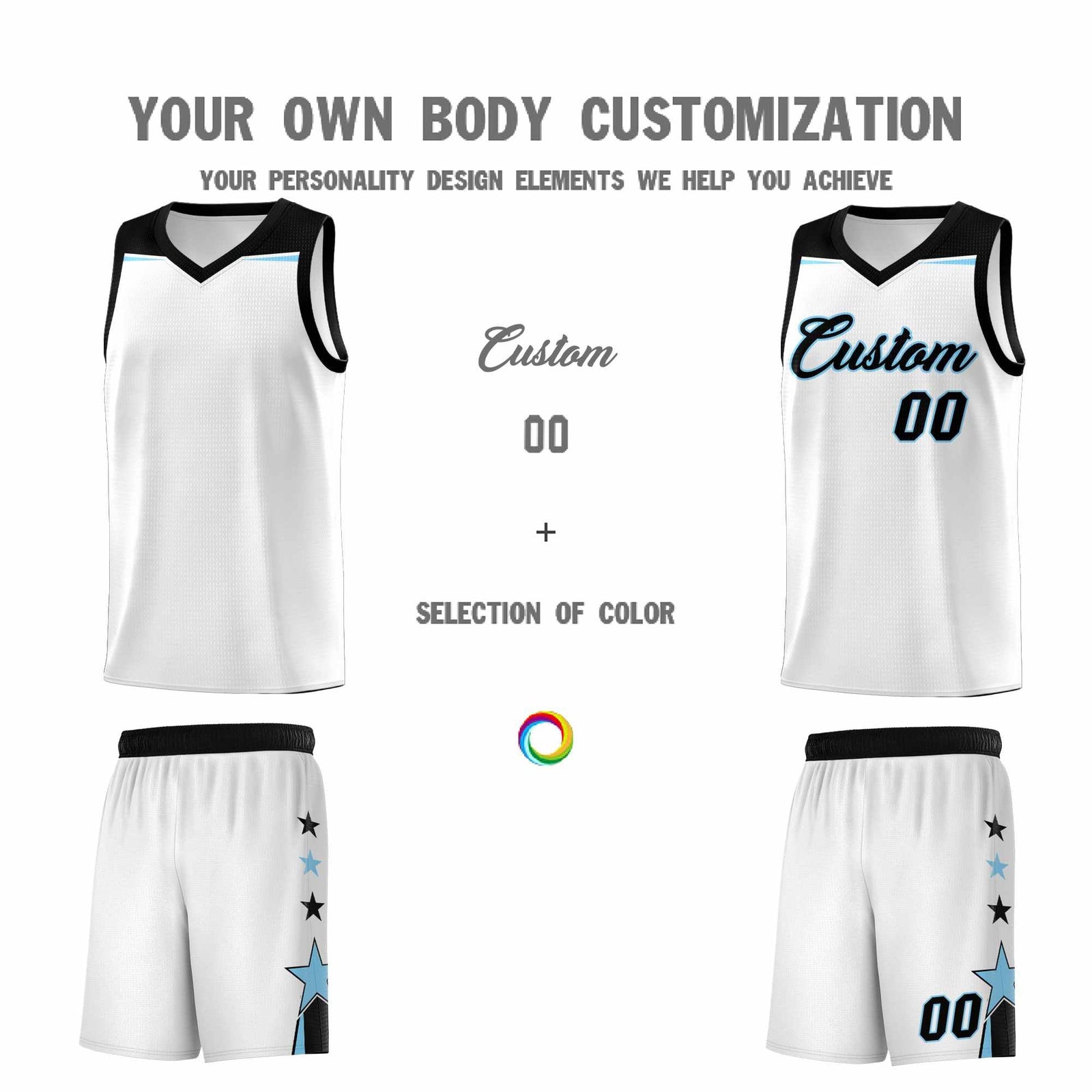 Custom Youth Basketball Uniform White Light Blue Two Tone Side Star Add Name Number & Logo