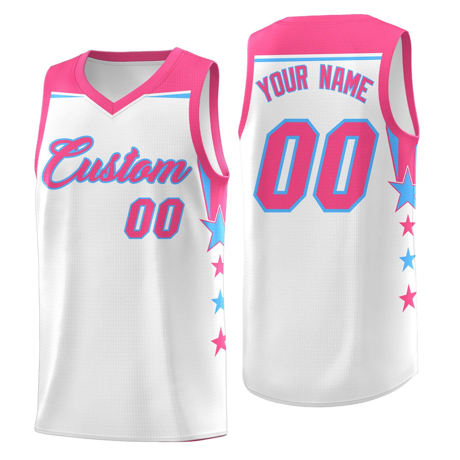 Custom Youth Basketball Uniform White Pink Two Tone Side Star Add Name Number & Logo