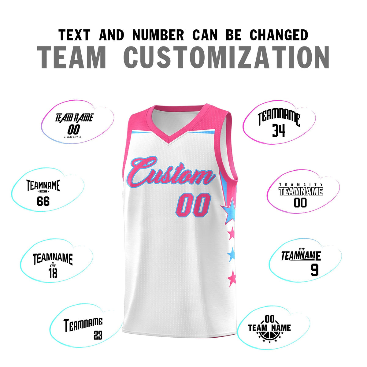 Custom Youth Basketball Uniform White Pink Two Tone Side Star Add Name Number & Logo