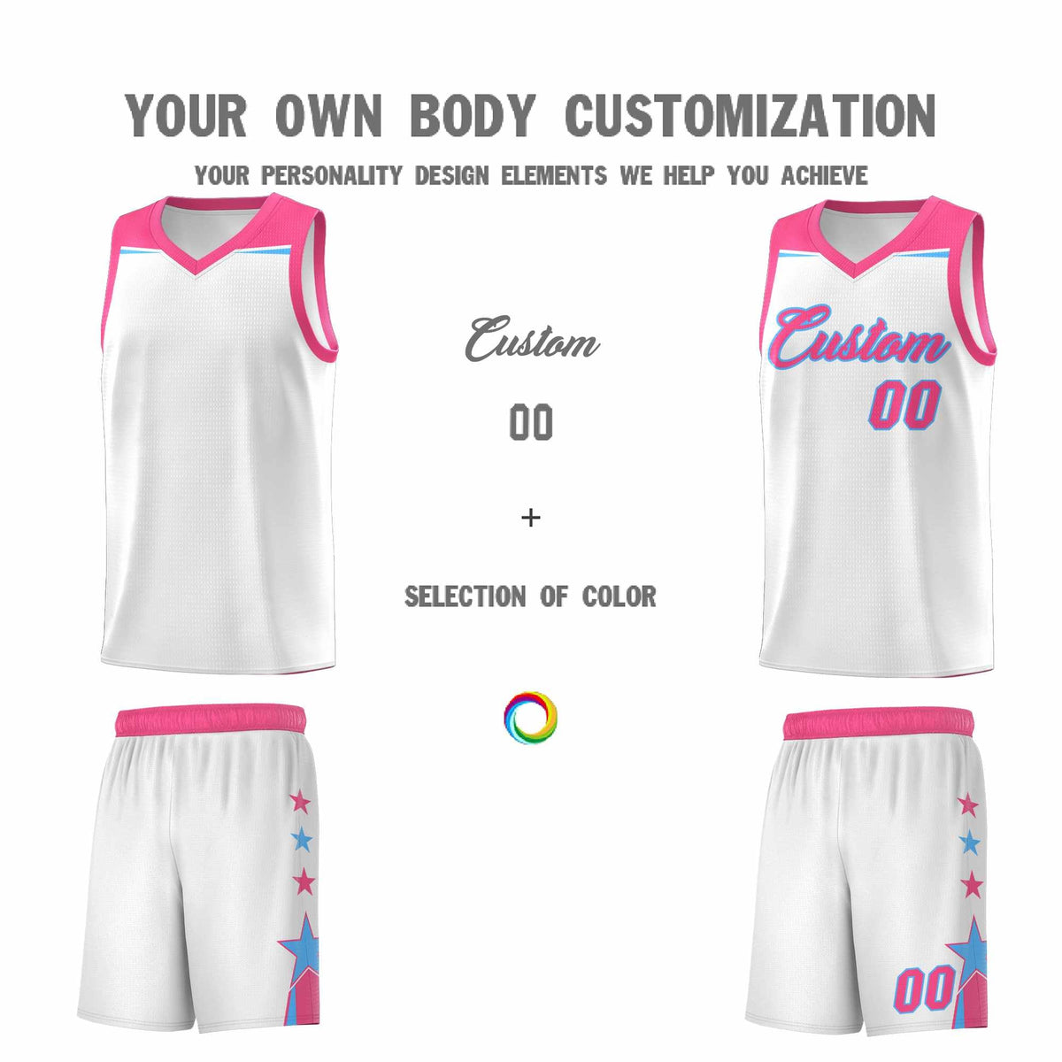 Custom Youth Basketball Uniform White Pink Two Tone Side Star Add Name Number & Logo