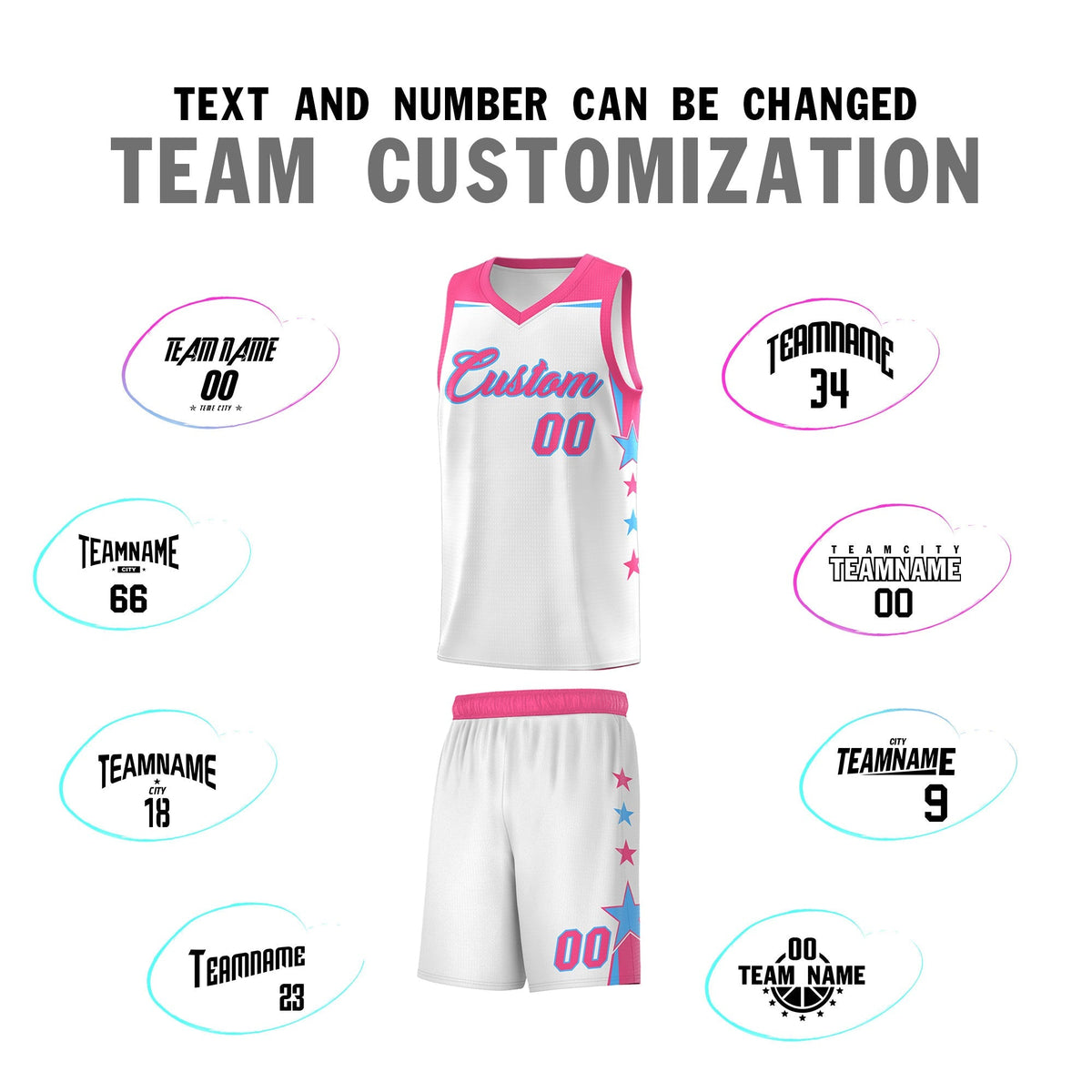 Custom Youth Basketball Uniform White Pink Two Tone Side Star Add Name Number & Logo