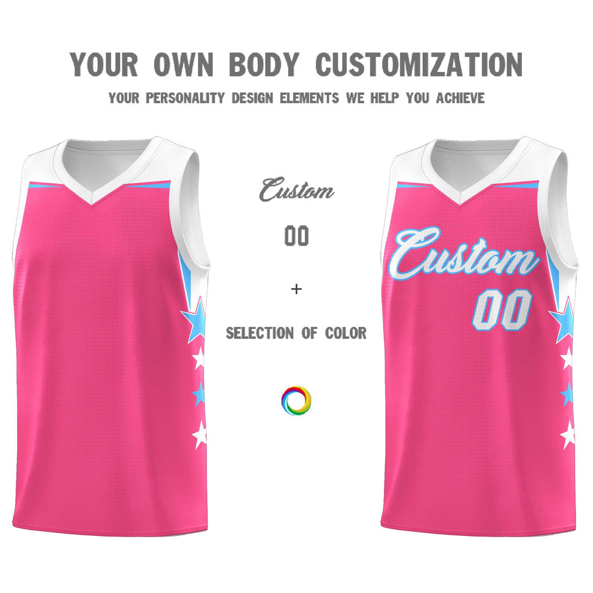 Custom Youth Basketball Uniform Pink White Two Tone Side Star Personalized Team Jersey