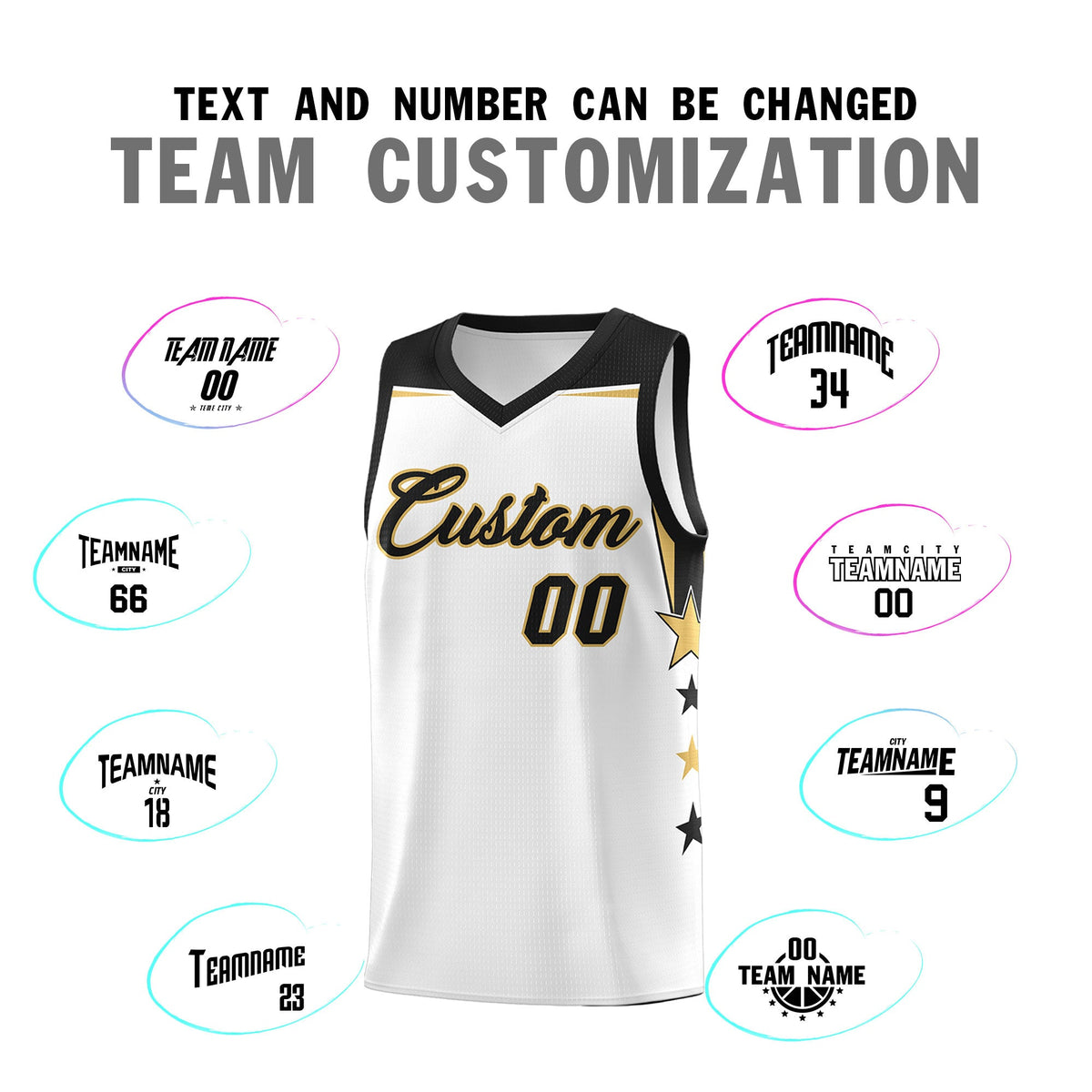 Custom Youth Basketball Uniform White Black Two Tone Side Star Add Name Number & Logo