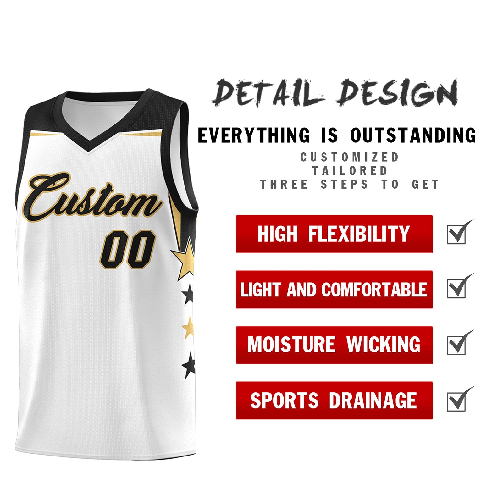 Custom Youth Basketball Uniform White Black Two Tone Side Star Add Name Number & Logo