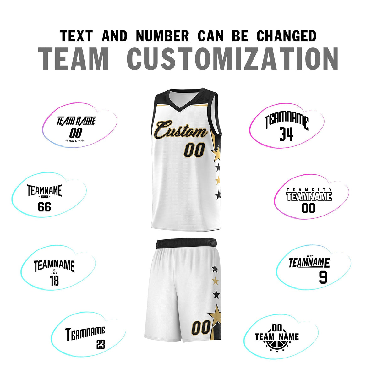 Custom Youth Basketball Uniform White Black Two Tone Side Star Add Name Number & Logo