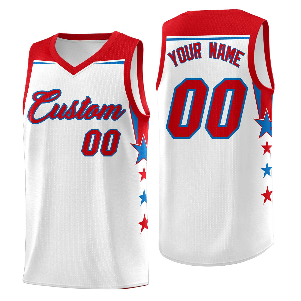 Custom Youth Basketball Uniform White Red Two Tone Side Star Add Name Number & Logo