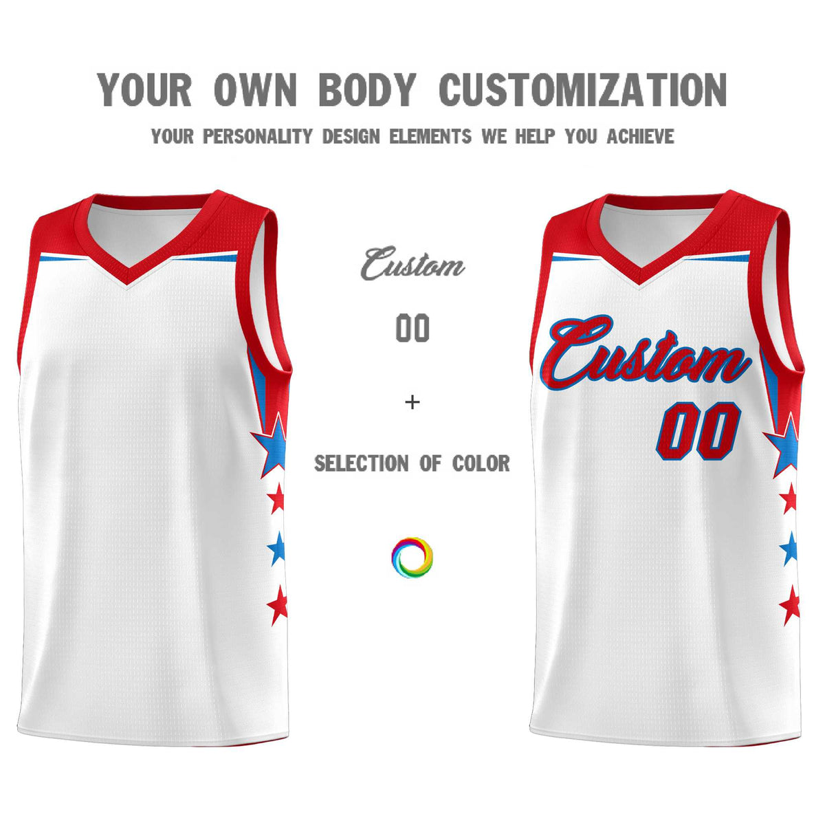 Custom Youth Basketball Uniform White Red Two Tone Side Star Add Name Number & Logo