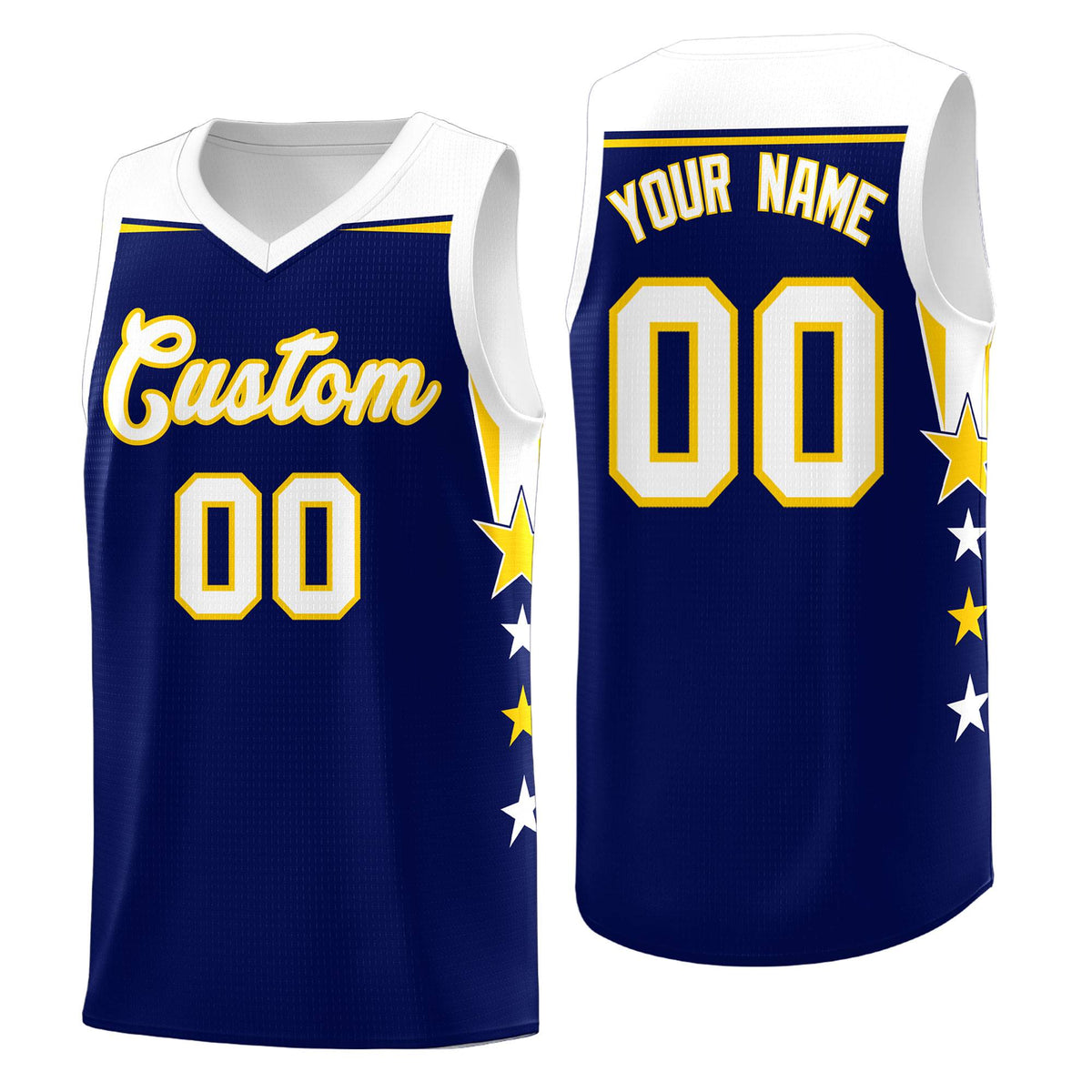 Custom Youth Basketball Uniform Navy White Two Tone Side Star Add Name Number & Logo