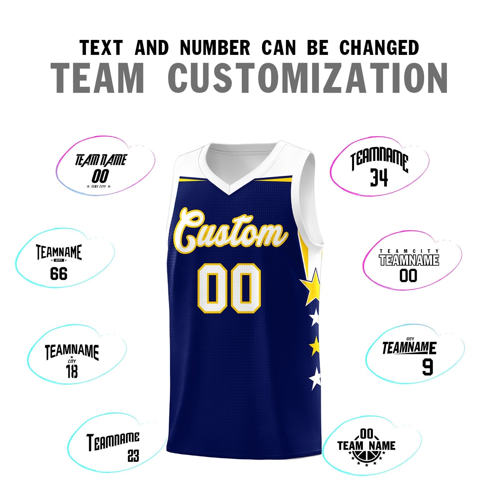 Custom Youth Basketball Uniform Navy White Two Tone Side Star Add Name Number & Logo