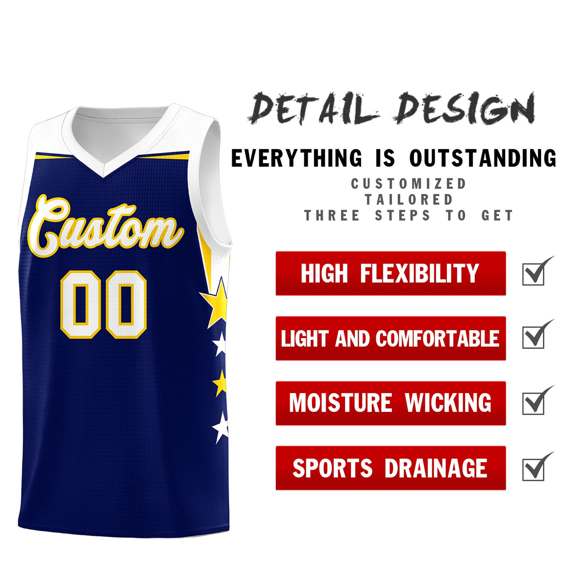 Custom Youth Basketball Uniform Navy White Two Tone Side Star Add Name Number & Logo