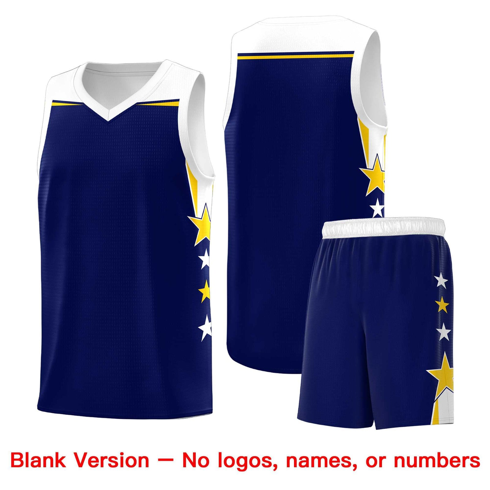 Custom Youth Basketball Uniform Navy White Two Tone Side Star Add Name Number & Logo