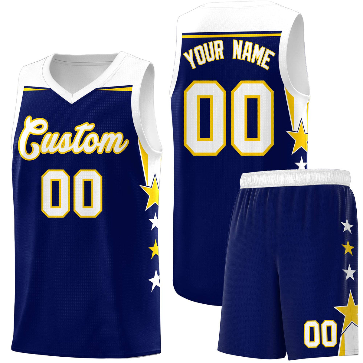 Custom Youth Basketball Uniform Navy White Two Tone Side Star Add Name Number & Logo