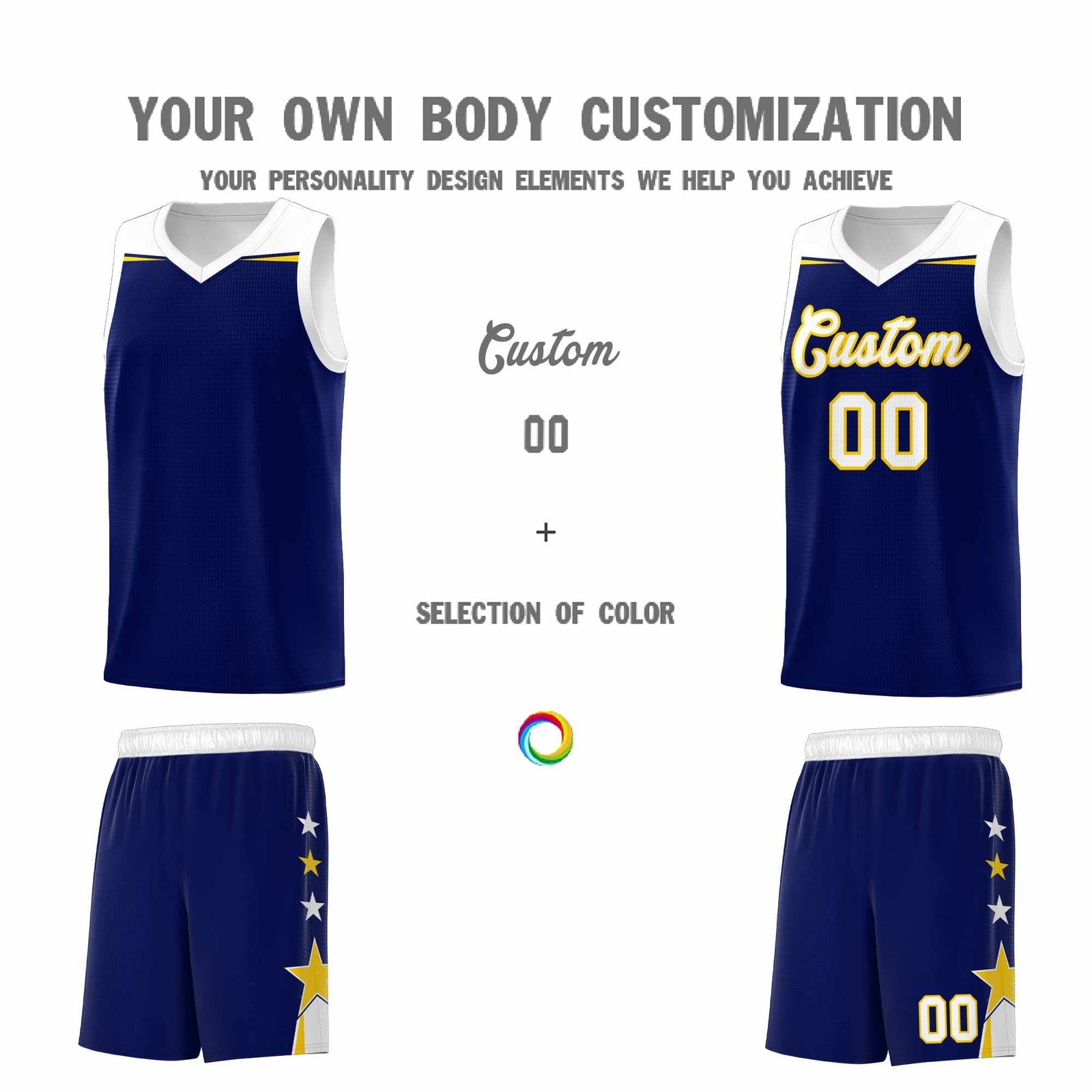 Custom Youth Basketball Uniform Navy White Two Tone Side Star Add Name Number & Logo