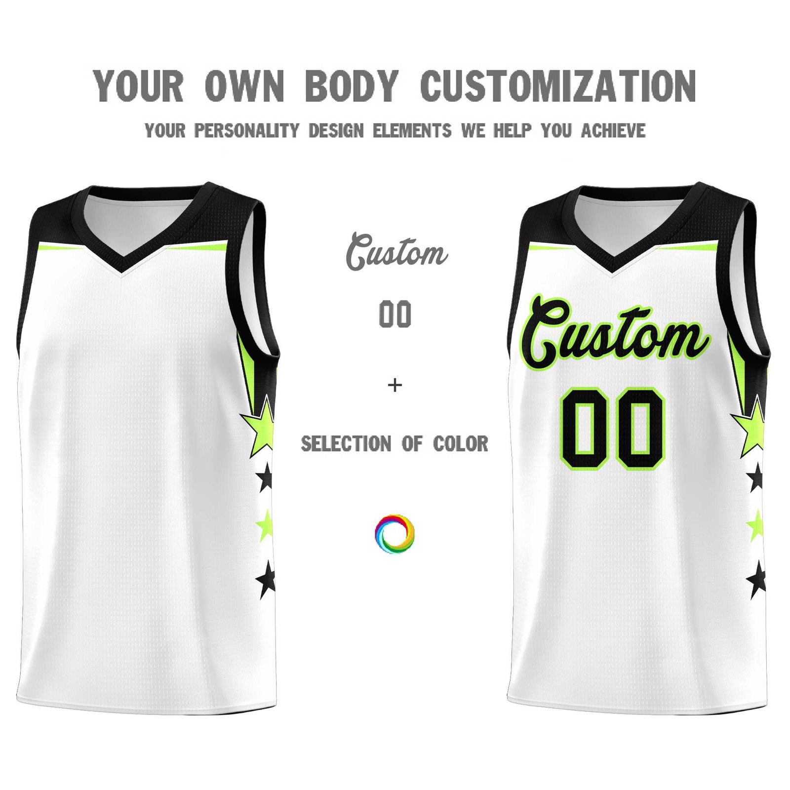 Custom Youth Basketball Uniform White Black Two Tone Side Star Add Name Number & Logo
