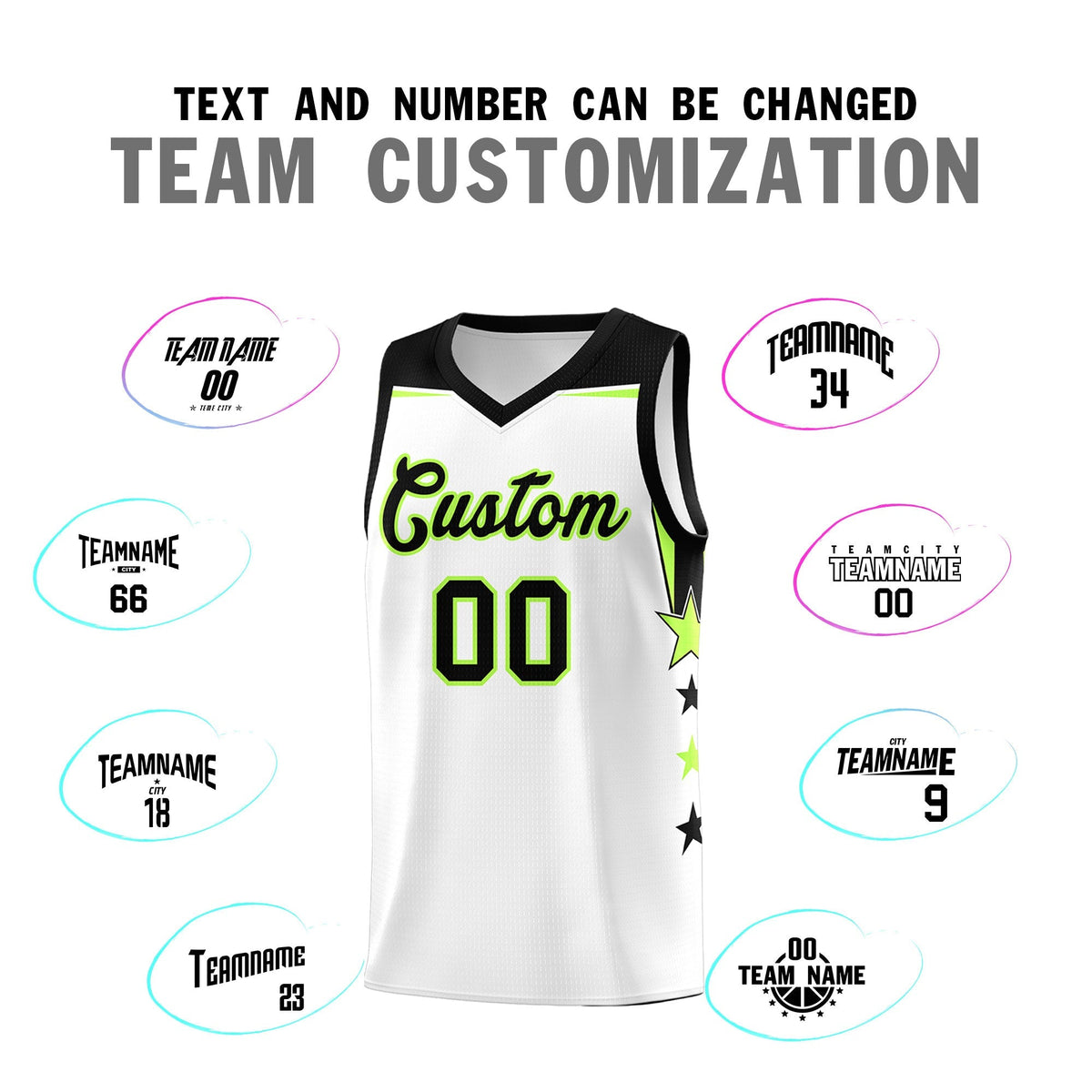 Custom Youth Basketball Uniform White Black Two Tone Side Star Add Name Number & Logo