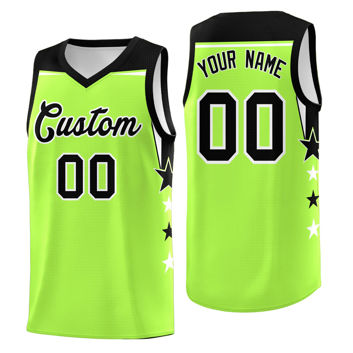 Custom Youth Basketball Uniform Fluorescent Green Black Two Tone Side Star Add Name Number & Logo