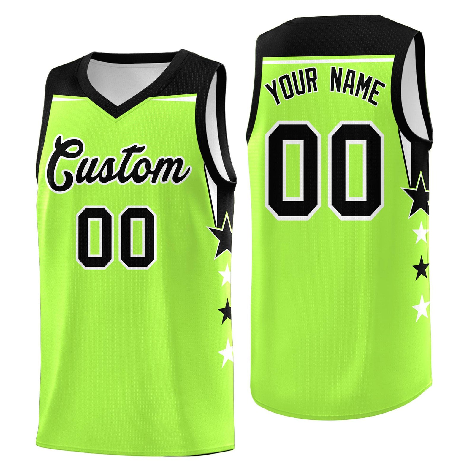 Custom Youth Basketball Uniform Fluorescent Green Black Two Tone Side Star Add Name Number & Logo