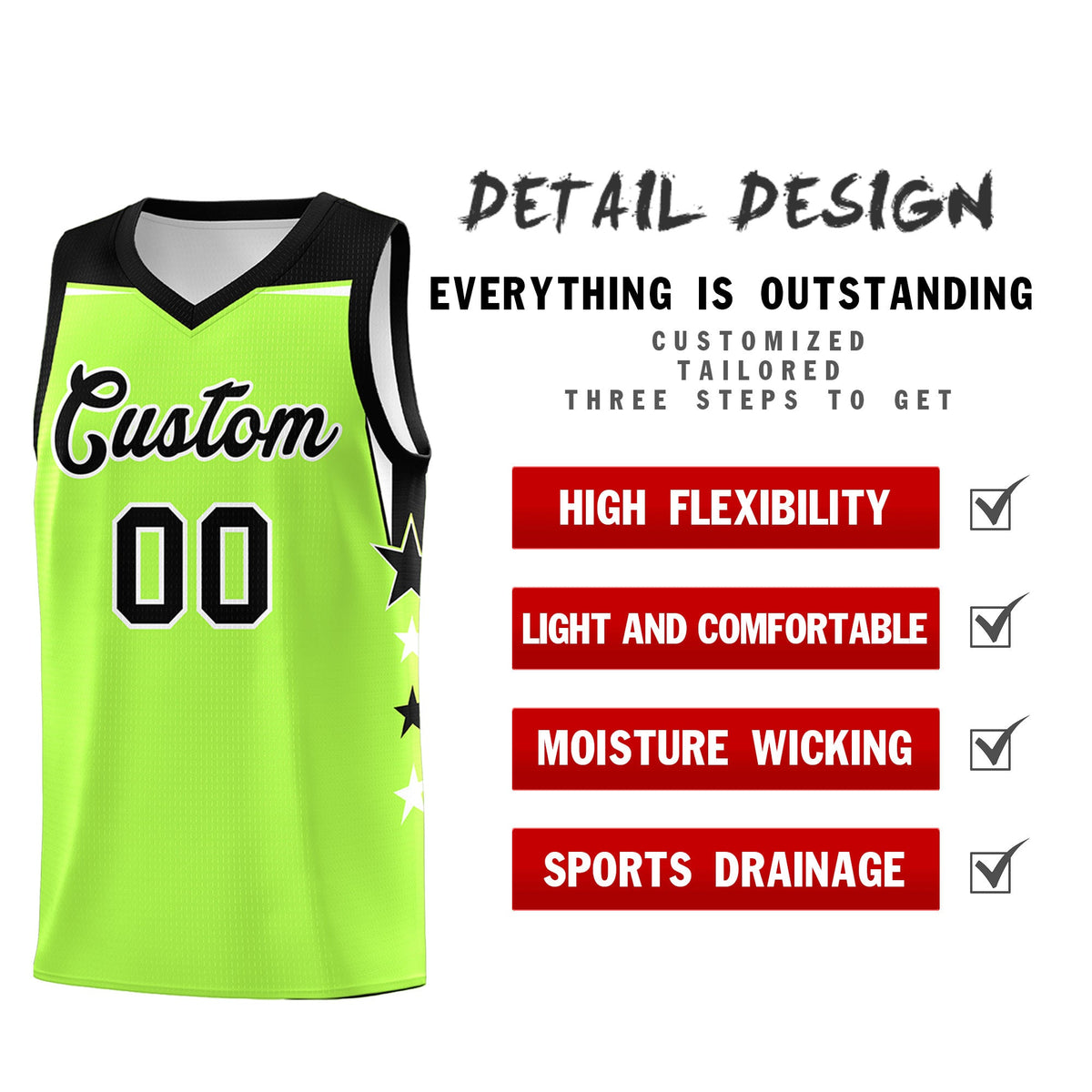 Custom Youth Basketball Uniform Fluorescent Green Black Two Tone Side Star Add Name Number & Logo
